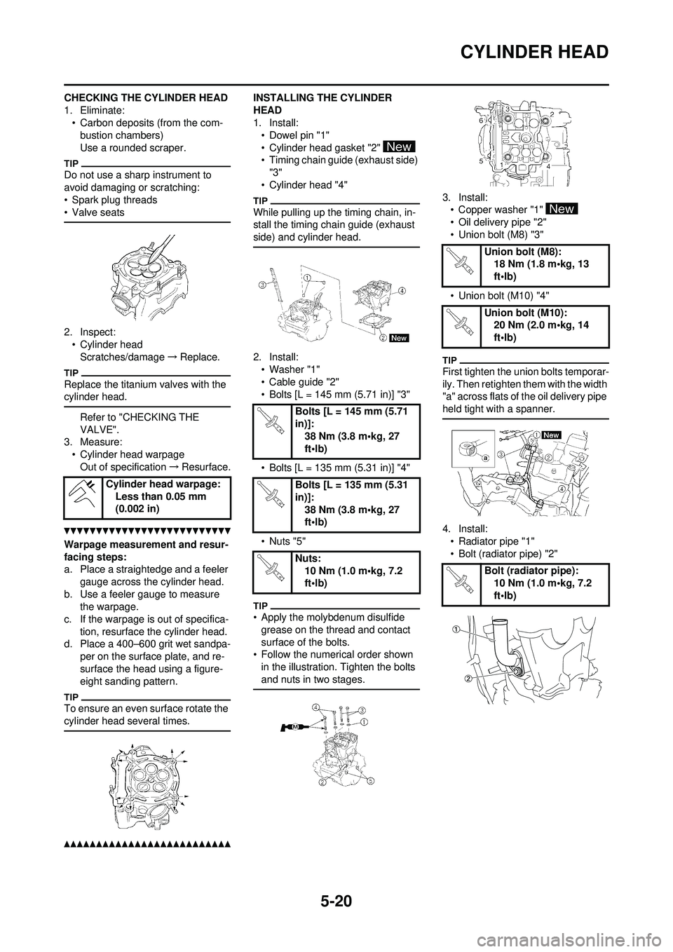 YAMAHA WR 250F 2010  Owners Manual 5-20
CYLINDER HEAD
CHECKING THE CYLINDER HEAD
1. Eliminate:• Carbon deposits (from the com-bustion chambers)
Use a rounded scraper.
Do not use a sharp instrument to 
avoid damaging or scratching:
