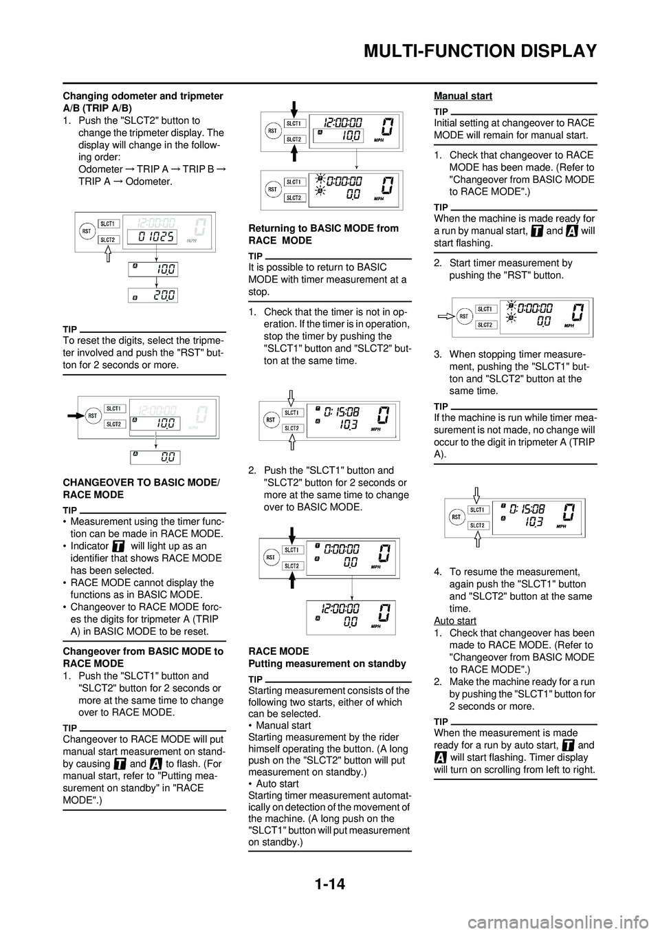YAMAHA WR 250F 2010 Owners Manual 1-14
MULTI-FUNCTION DISPLAY
Changing odometer and tripmeter
A/B (TRIP A/B)
1. Push the "SLCT2" button to change the tripmeter display. The
display will change in the follow-
ing order:
Odometer → YAMAHA WR 250F 2010 Owners Manual 1-14
MULTI-FUNCTION DISPLAY
Changing odometer and tripmeter
A/B (TRIP A/B)
1. Push the "SLCT2" button to change the tripmeter display. The
display will change in the follow-
ing order:
Odometer →