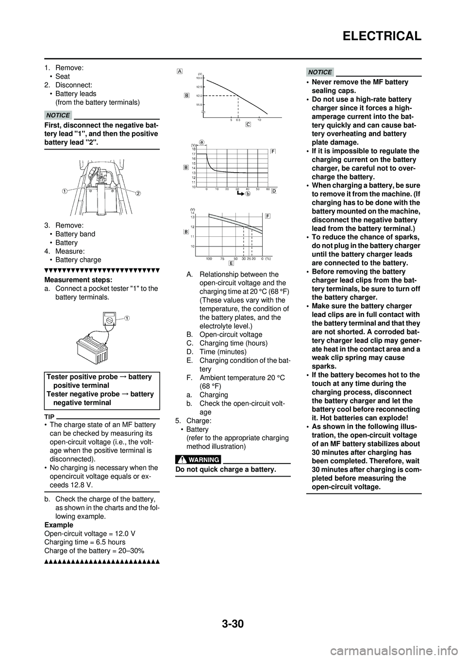 YAMAHA WR 250F 2010 Manual Online 3-30
ELECTRICAL
1. Remove:• Seat
2. Disconnect: • Battery leads
(from the battery terminals)
First, disconnect the negative bat-
tery lead "1", and then the positive
battery lead "2".
3. Remove:â YAMAHA WR 250F 2010 Manual Online 3-30
ELECTRICAL
1. Remove:• Seat
2. Disconnect: • Battery leads
(from the battery terminals)
First, disconnect the negative bat-
tery lead "1", and then the positive
battery lead "2".
3. Remove:â