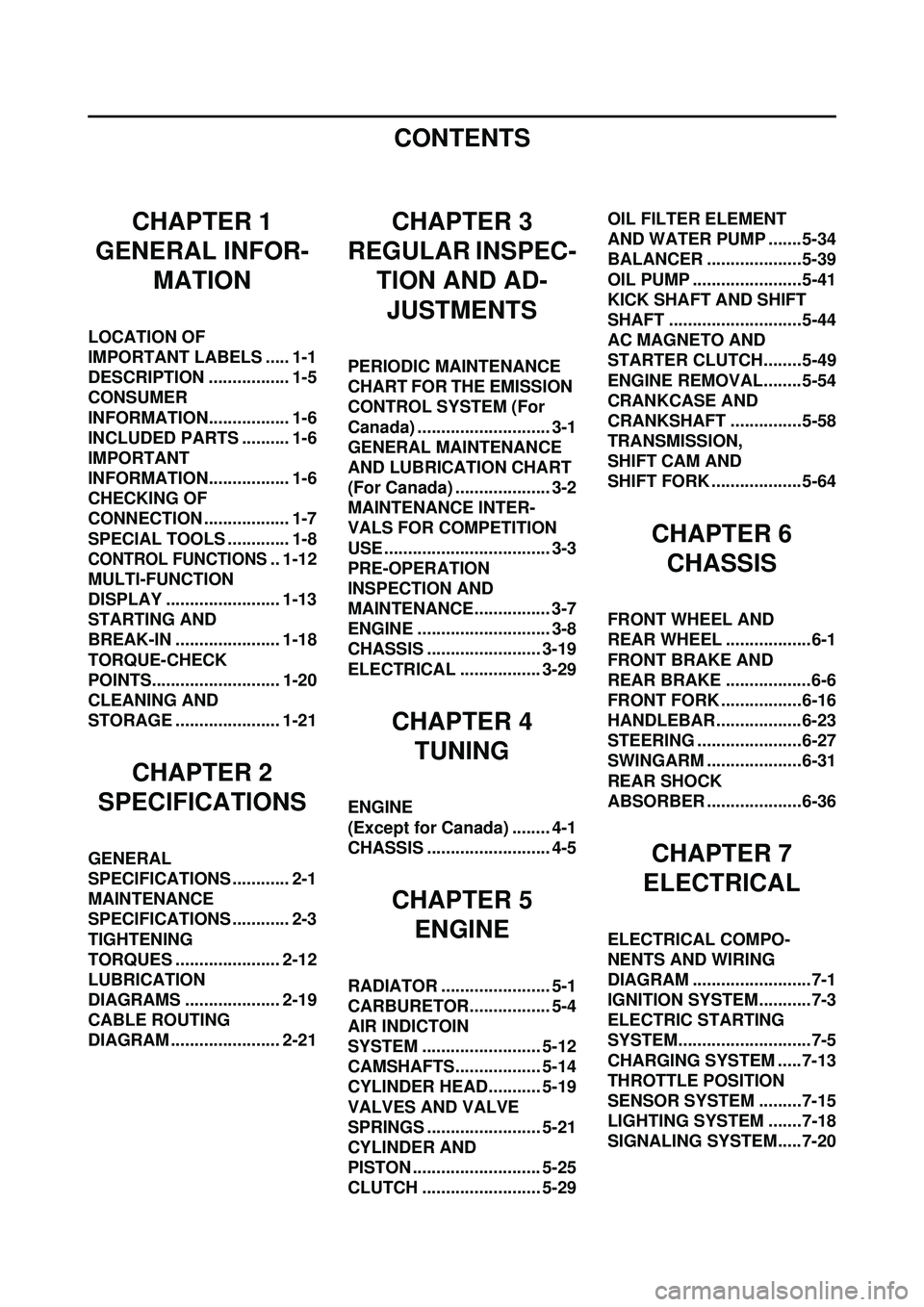 YAMAHA WR 250F 2010 Owners Manual CONTENTS
CHAPTER 1
GENERAL INFOR-
MATION
LOCATION OF
IMPORTANT LABELS ..... 1-1
DESCRIPTION ................. 1-5
CONSUMER
INFORMATION................. 1-6
INCLUDED PARTS .......... 1-6
IMPORTANT
I YAMAHA WR 250F 2010 Owners Manual CONTENTS
CHAPTER 1
GENERAL INFOR-
MATION
LOCATION OF
IMPORTANT LABELS ..... 1-1
DESCRIPTION ................. 1-5
CONSUMER
INFORMATION................. 1-6
INCLUDED PARTS .......... 1-6
IMPORTANT
I