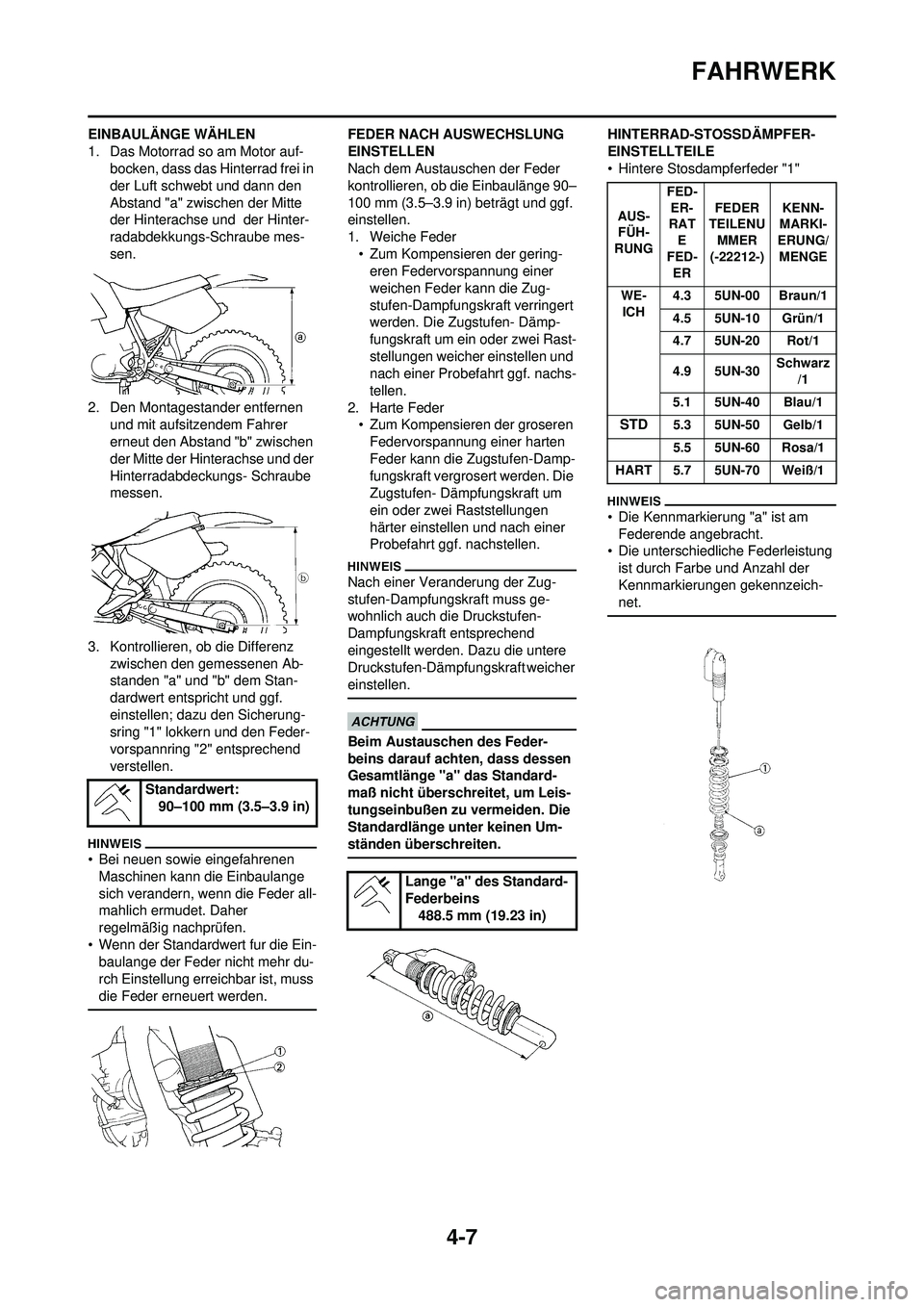 YAMAHA WR 250F 2010 Betriebsanleitungen (in German) 4-7
FAHRWERK
EINBAULÄNGE WÄHLEN
1. Das Motorrad so am Motor auf-bocken, dass das Hinterrad frei in
der Luft schwebt und dann den
Abstand "a" zwischen der Mitte
der Hinterachse und der Hinter-
ra YAMAHA WR 250F 2010 Betriebsanleitungen (in German) 4-7
FAHRWERK
EINBAULÄNGE WÄHLEN
1. Das Motorrad so am Motor auf-bocken, dass das Hinterrad frei in
der Luft schwebt und dann den
Abstand "a" zwischen der Mitte
der Hinterachse und der Hinter-
ra