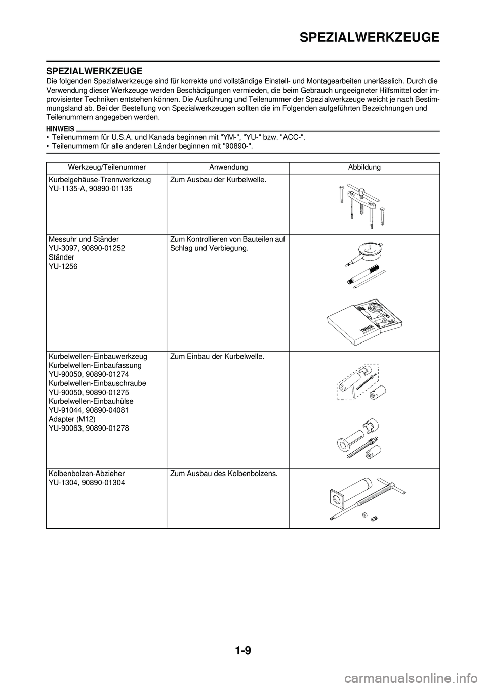 YAMAHA WR 250F 2010 Betriebsanleitungen (in German) 1-9
SPEZIALWERKZEUGE
SPEZIALWERKZEUGE
Die folgenden Spezialwerkzeuge sind für korrekte und vollständige Einstell- und Montagearbeiten unerlässlich. Durch die
Verwendung dieser Werkzeuge werden Bes YAMAHA WR 250F 2010 Betriebsanleitungen (in German) 1-9
SPEZIALWERKZEUGE
SPEZIALWERKZEUGE
Die folgenden Spezialwerkzeuge sind für korrekte und vollständige Einstell- und Montagearbeiten unerlässlich. Durch die
Verwendung dieser Werkzeuge werden Bes