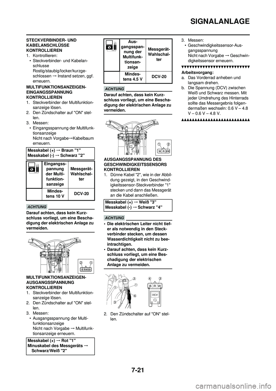 YAMAHA WR 250F 2010 Betriebsanleitungen (in German) 7-21
SIGNALANLAGE
STECKVERBINDER- UND
KABELANSCHLÜSSE
KONTROLLIEREN
1. Kontrollieren:• Steckverbinder- und Kabelan-schlusse
Rostig/staubig/locker/kurzge-
schlossen →Instand setzen, ggf.
erneue YAMAHA WR 250F 2010 Betriebsanleitungen (in German) 7-21
SIGNALANLAGE
STECKVERBINDER- UND
KABELANSCHLÜSSE
KONTROLLIEREN
1. Kontrollieren:• Steckverbinder- und Kabelan-schlusse
Rostig/staubig/locker/kurzge-
schlossen →Instand setzen, ggf.
erneue