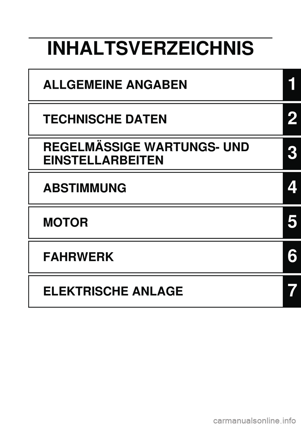 YAMAHA WR 250F 2010  Betriebsanleitungen (in German) INHALTSVERZEICHNIS
ALLGEMEINE ANGABEN1
TECHNISCHE DATEN2
REGELMÄSSIGE WARTUNGS- UND 
EINSTELLARBEITEN
3
ABSTIMMUNG4
MOTOR5
FAHRWERK6
ELEKTRISCHE ANLAGE7 