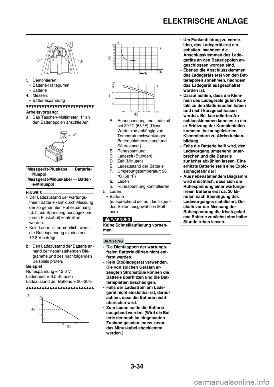 YAMAHA WR 250F 2010  Betriebsanleitungen (in German) 3-34
ELEKTRISCHE ANLAGE
3. Demontieren:• Batterie-Haltegummi
•Batterie
4. Messen: • Batteriespannung
Arbeitsvorgang:
a. Das Taschen-Multimeter "1" an 
den Batteriepolen anschließen.
• Der Lad