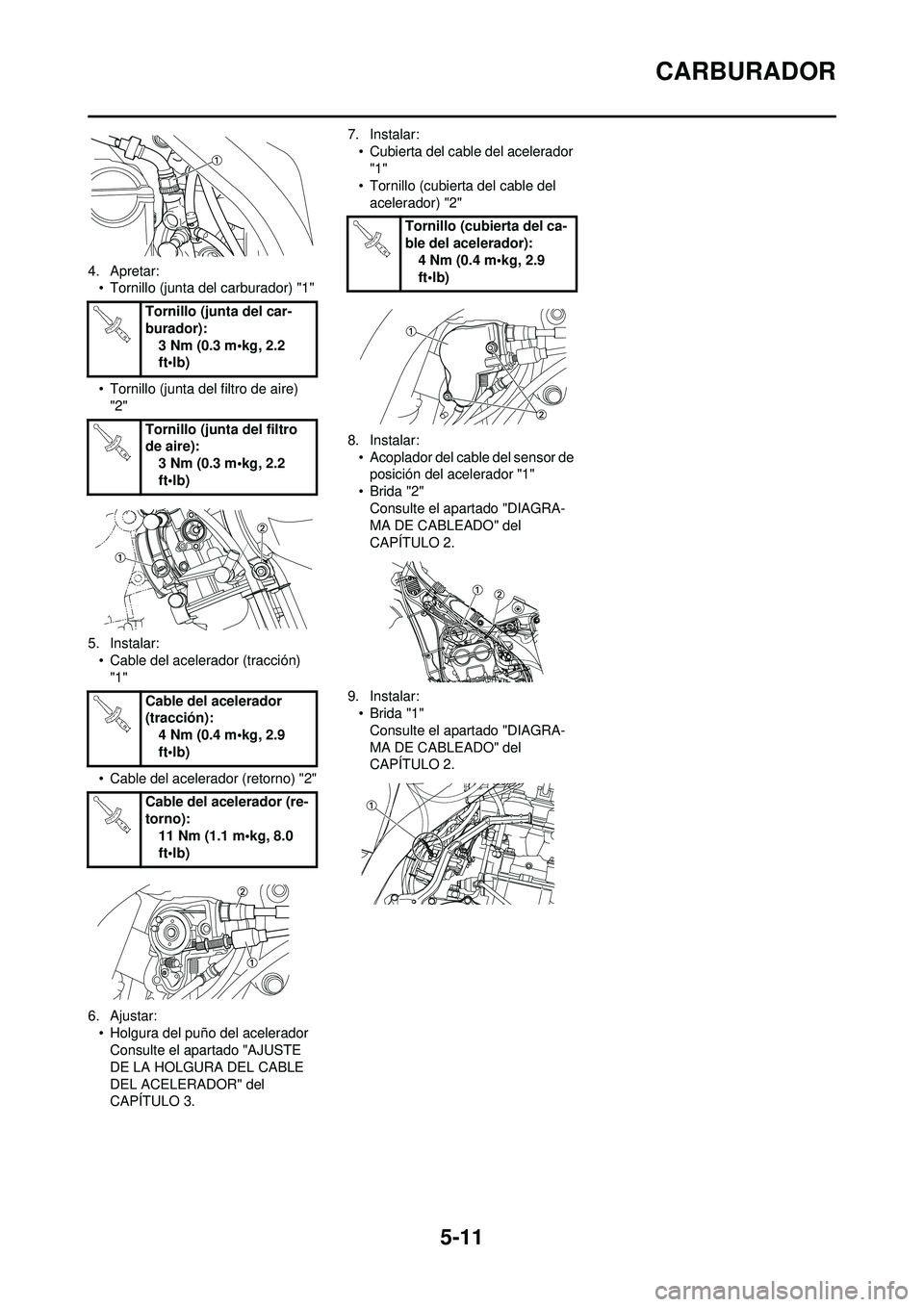 YAMAHA WR 250F 2010 Manuale de Empleo (in Spanish) 5-11
CARBURADOR
4. Apretar:• Tornillo (junta del carburador) "1"
• Tornillo (junta del filtro de aire) "2"
5. Instalar: • Cable del acelerador (tracción) "1"
• Cable del acelerador (retorno) YAMAHA WR 250F 2010 Manuale de Empleo (in Spanish) 5-11
CARBURADOR
4. Apretar:• Tornillo (junta del carburador) "1"
• Tornillo (junta del filtro de aire) "2"
5. Instalar: • Cable del acelerador (tracción) "1"
• Cable del acelerador (retorno)