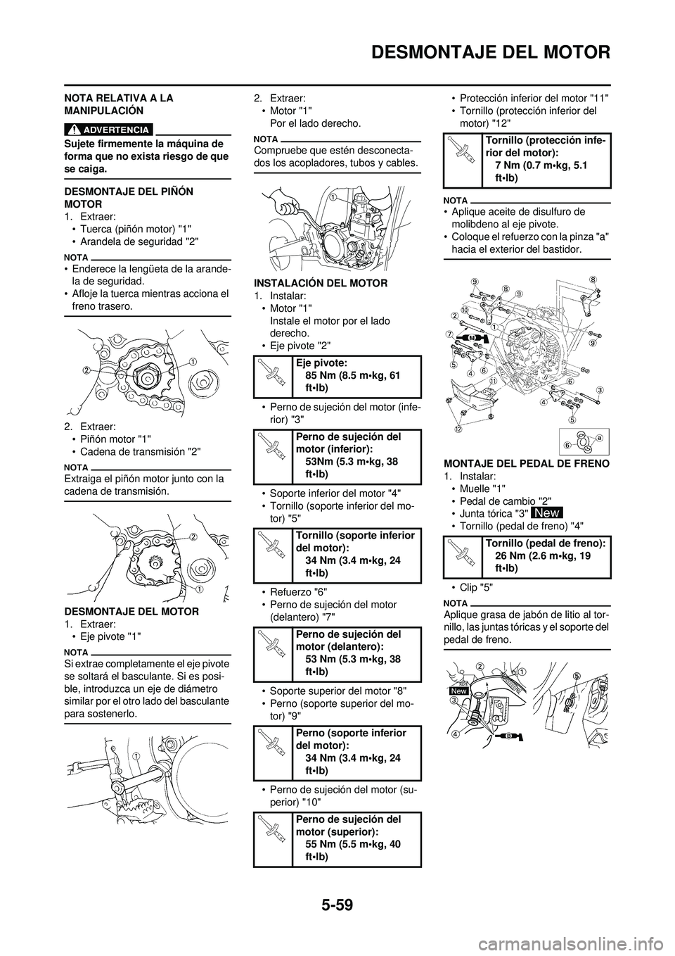 YAMAHA WR 250F 2010 Manuale de Empleo (in Spanish) 5-59
DESMONTAJE DEL MOTOR
NOTA RELATIVA A LA
MANIPULACIÓN
Sujete firmemente la máquina de
forma que no exista riesgo de que
se caiga.
DESMONTAJE DEL PIÑÓN
MOTOR
1. Extraer:
• Tuerca (piñón YAMAHA WR 250F 2010 Manuale de Empleo (in Spanish) 5-59
DESMONTAJE DEL MOTOR
NOTA RELATIVA A LA
MANIPULACIÓN
Sujete firmemente la máquina de
forma que no exista riesgo de que
se caiga.
DESMONTAJE DEL PIÑÓN
MOTOR
1. Extraer:
• Tuerca (piñón