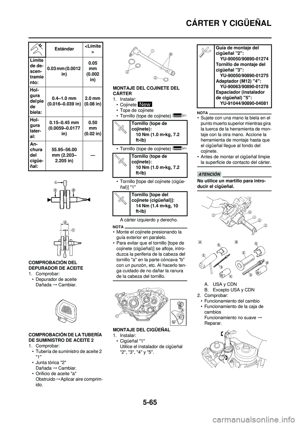 YAMAHA WR 250F 2010 Manuale de Empleo (in Spanish) 5-65
CÁRTER Y CIGÜEÑAL
COMPROBACIÓN DEL
DEPURADOR DE ACEITE
1. Comprobar:• Depurador de aceiteDañada →Cambiar.
COMPROBACIÓN DE LA TUBERÍA
DE SUMINISTRO DE ACEITE 2
1. Comprobar: • Tuber YAMAHA WR 250F 2010 Manuale de Empleo (in Spanish) 5-65
CÁRTER Y CIGÜEÑAL
COMPROBACIÓN DEL
DEPURADOR DE ACEITE
1. Comprobar:• Depurador de aceiteDañada →Cambiar.
COMPROBACIÓN DE LA TUBERÍA
DE SUMINISTRO DE ACEITE 2
1. Comprobar: • Tuber