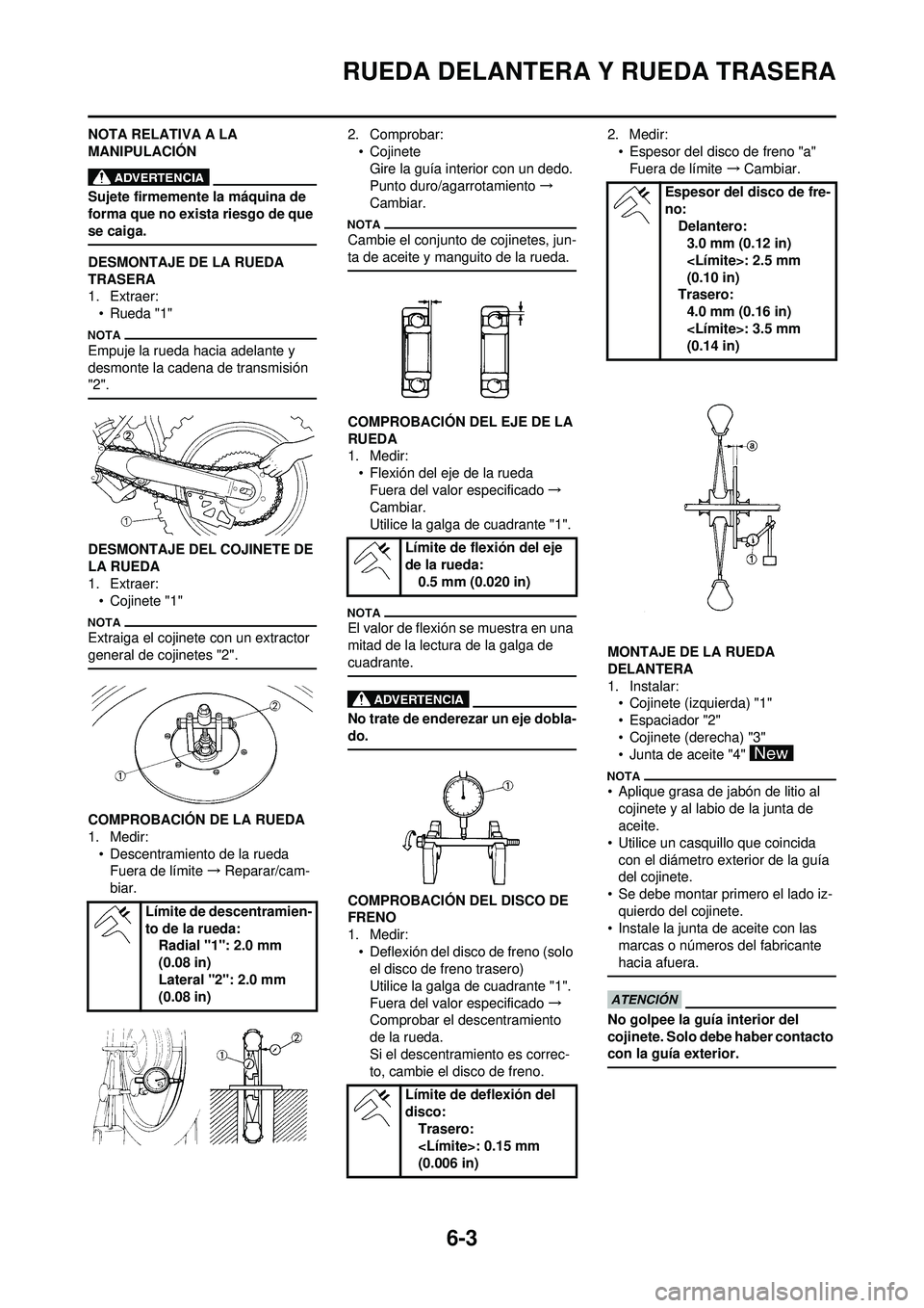 YAMAHA WR 250F 2010 Manuale de Empleo (in Spanish) 6-3
RUEDA DELANTERA Y RUEDA TRASERA
NOTA RELATIVA A LA
MANIPULACIÓN
Sujete firmemente la máquina de
forma que no exista riesgo de que
se caiga.
DESMONTAJE DE LA RUEDA
TRASERA
1. Extraer:
• Rue YAMAHA WR 250F 2010 Manuale de Empleo (in Spanish) 6-3
RUEDA DELANTERA Y RUEDA TRASERA
NOTA RELATIVA A LA
MANIPULACIÓN
Sujete firmemente la máquina de
forma que no exista riesgo de que
se caiga.
DESMONTAJE DE LA RUEDA
TRASERA
1. Extraer:
• Rue