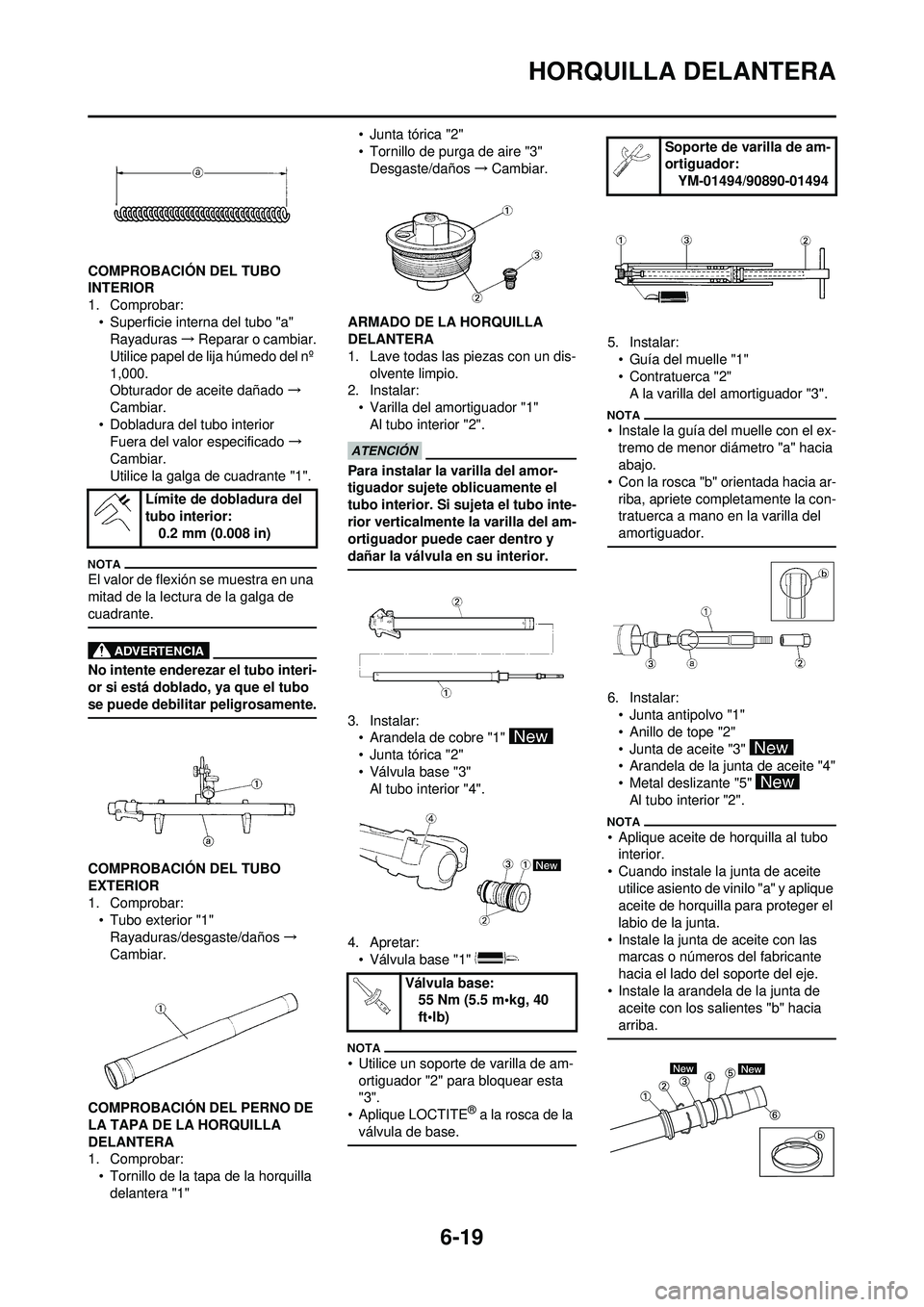 YAMAHA WR 250F 2010 Manuale de Empleo (in Spanish) 6-19
HORQUILLA DELANTERA
COMPROBACIÓN DEL TUBO
INTERIOR
1. Comprobar:• Superficie interna del tubo "a"Rayaduras →Reparar o cambiar.
Utilice papel de lija húmedo del nº
1,000.
Obturador de ace YAMAHA WR 250F 2010 Manuale de Empleo (in Spanish) 6-19
HORQUILLA DELANTERA
COMPROBACIÓN DEL TUBO
INTERIOR
1. Comprobar:• Superficie interna del tubo "a"Rayaduras →Reparar o cambiar.
Utilice papel de lija húmedo del nº
1,000.
Obturador de ace