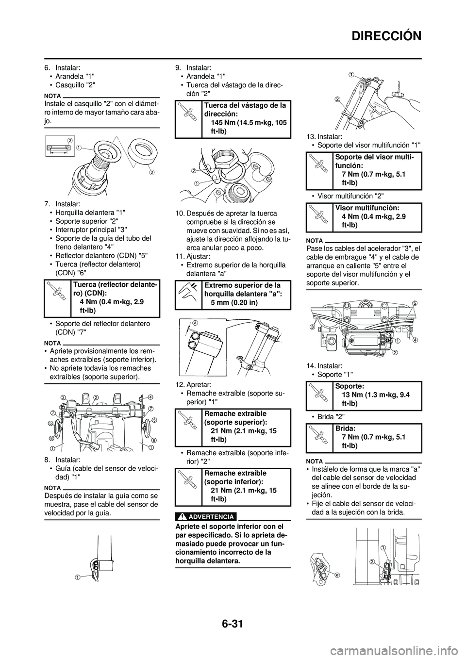 YAMAHA WR 250F 2010 Manuale de Empleo (in Spanish) 6-31
DIRECCIÓN
6. Instalar:• Arandela "1"
• Casquillo "2"
Instale el casquillo "2" con el diámet-
ro interno de mayor tamaño cara aba-
jo.
7. Instalar:• Horquilla delantera "1"
• Soporte su YAMAHA WR 250F 2010 Manuale de Empleo (in Spanish) 6-31
DIRECCIÓN
6. Instalar:• Arandela "1"
• Casquillo "2"
Instale el casquillo "2" con el diámet-
ro interno de mayor tamaño cara aba-
jo.
7. Instalar:• Horquilla delantera "1"
• Soporte su
