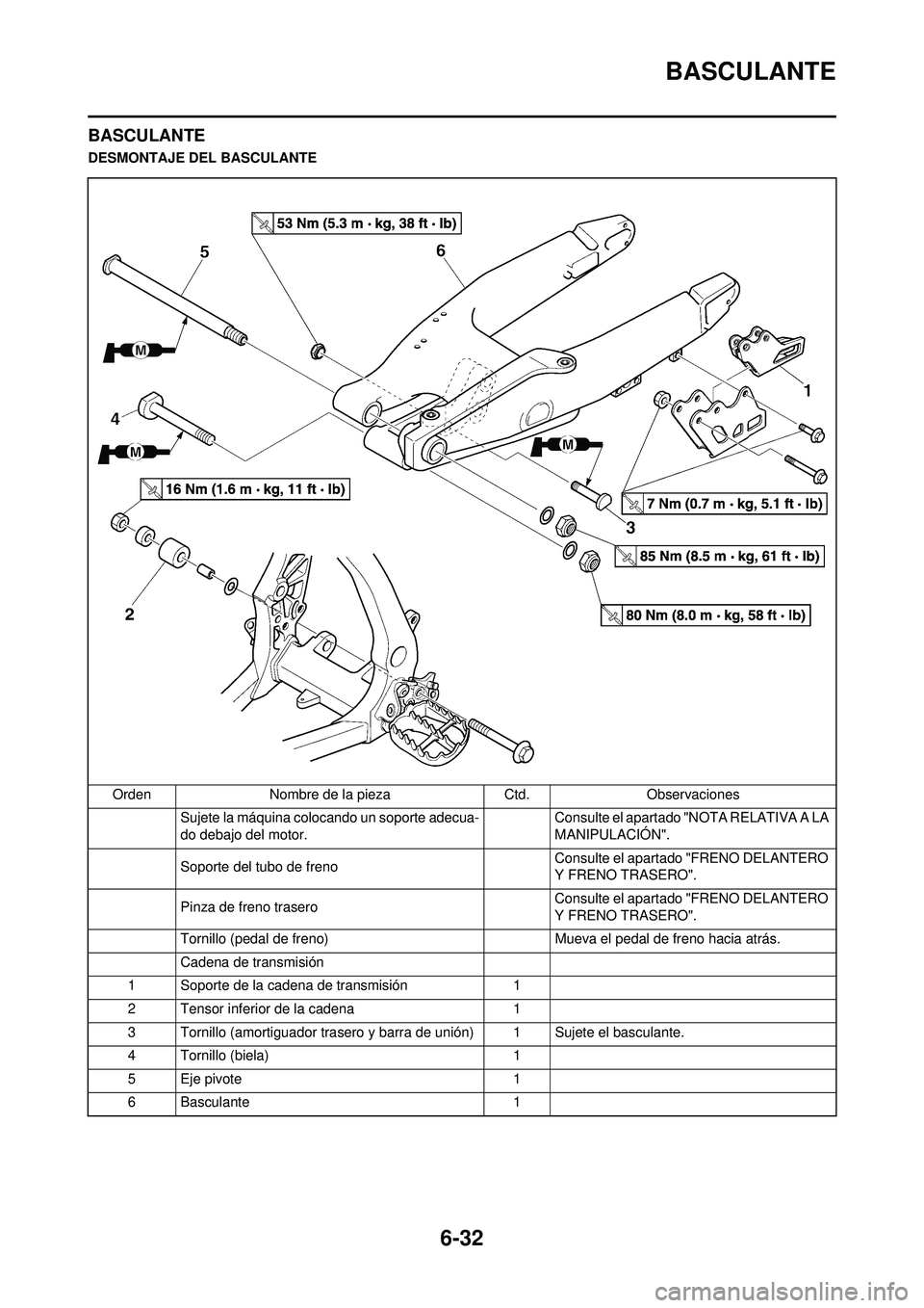 YAMAHA WR 250F 2010 Manuale de Empleo (in Spanish) 6-32
BASCULANTE
BASCULANTE
DESMONTAJE DEL BASCULANTEOrden Nombre de la pieza Ctd.Observaciones
Sujete la máquina colocando un soporte adecua-
do debajo del motor. Consulte el apartado "NOTA RELATIVA YAMAHA WR 250F 2010 Manuale de Empleo (in Spanish) 6-32
BASCULANTE
BASCULANTE
DESMONTAJE DEL BASCULANTEOrden Nombre de la pieza Ctd.Observaciones
Sujete la máquina colocando un soporte adecua-
do debajo del motor. Consulte el apartado "NOTA RELATIVA