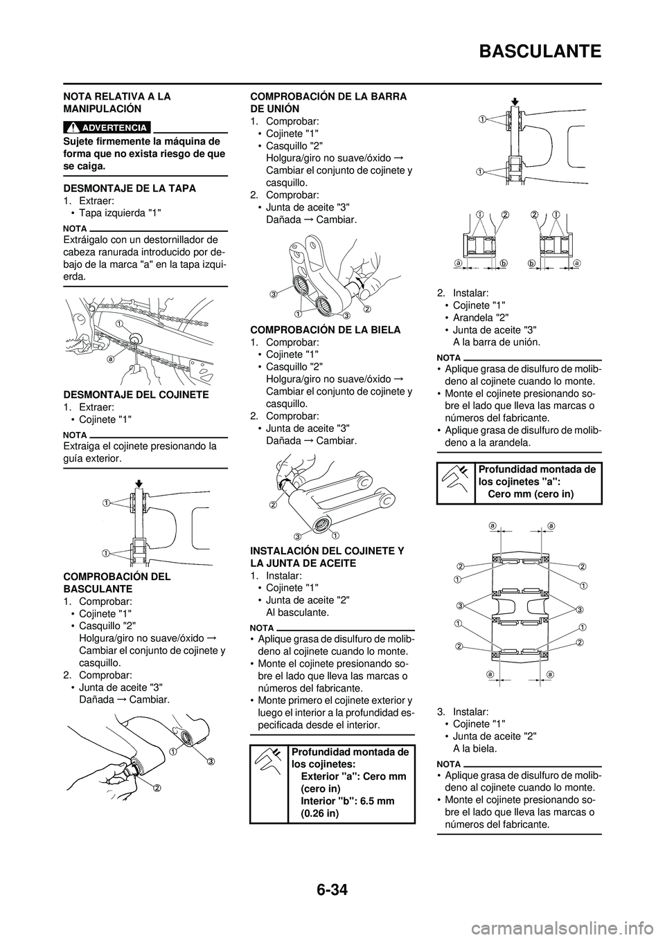 YAMAHA WR 250F 2010 Manuale de Empleo (in Spanish) 6-34
BASCULANTE
NOTA RELATIVA A LA
MANIPULACIÓN
Sujete firmemente la máquina de
forma que no exista riesgo de que
se caiga.
DESMONTAJE DE LA TAPA
1. Extraer: • Tapa izquierda "1"
Extráigalo co YAMAHA WR 250F 2010 Manuale de Empleo (in Spanish) 6-34
BASCULANTE
NOTA RELATIVA A LA
MANIPULACIÓN
Sujete firmemente la máquina de
forma que no exista riesgo de que
se caiga.
DESMONTAJE DE LA TAPA
1. Extraer: • Tapa izquierda "1"
Extráigalo co
