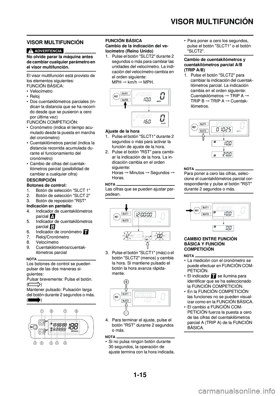 YAMAHA WR 250F 2010 Manuale de Empleo (in Spanish) 1-15
VISOR MULTIFUNCIÓN
VISOR MULTIFUNCIÓN
No olvide parar la máquina antes
de cambiar cualquier parámetro en
el visor multifunción.
El visor multifunción está provisto de
los elementos sigu YAMAHA WR 250F 2010 Manuale de Empleo (in Spanish) 1-15
VISOR MULTIFUNCIÓN
VISOR MULTIFUNCIÓN
No olvide parar la máquina antes
de cambiar cualquier parámetro en
el visor multifunción.
El visor multifunción está provisto de
los elementos sigu