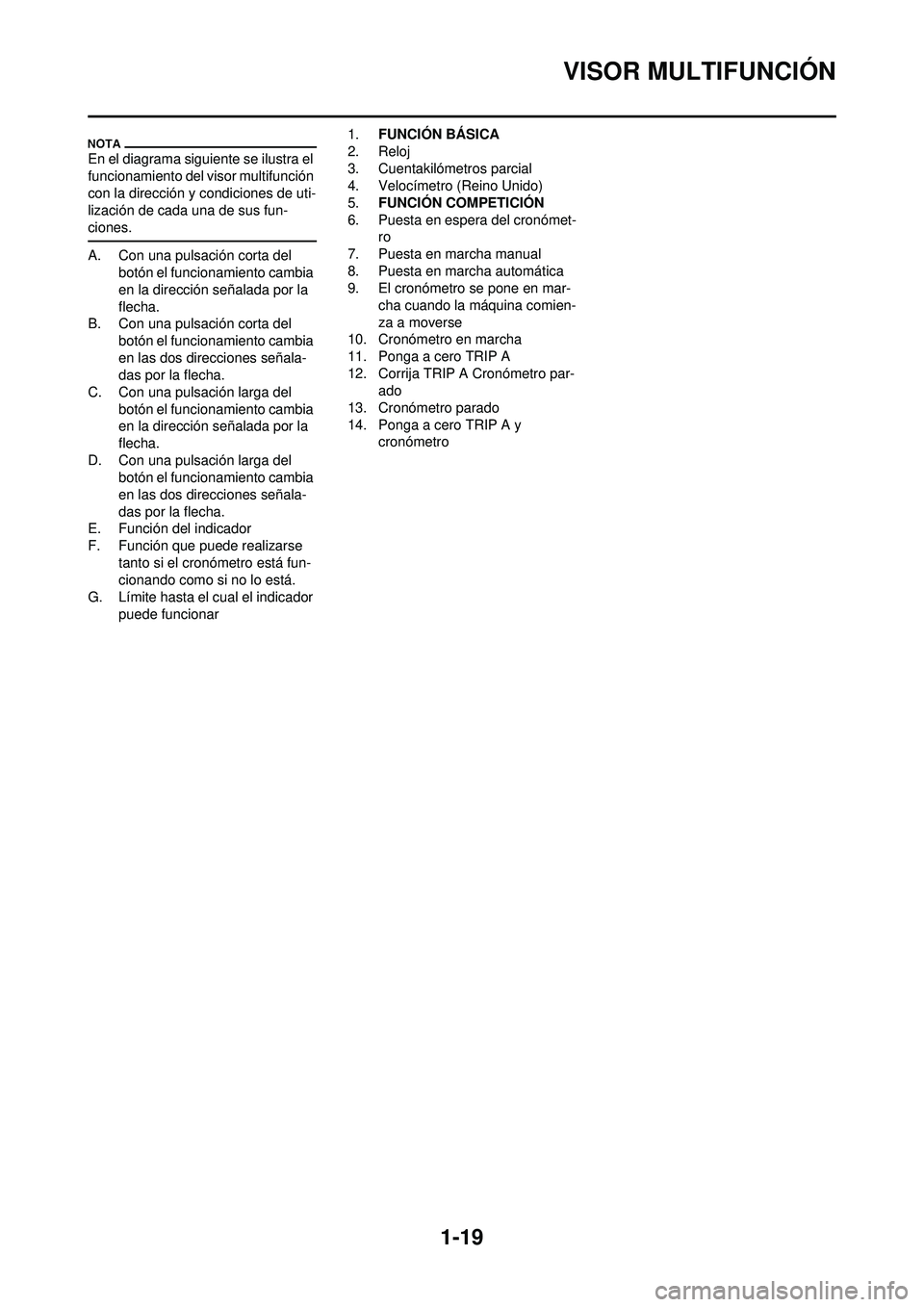 YAMAHA WR 250F 2010 Manuale de Empleo (in Spanish) 1-19
VISOR MULTIFUNCIÓN
En el diagrama siguiente se ilustra el
funcionamiento del visor multifunción
con la dirección y condiciones de uti-
lización de cada una de sus fun-
ciones.
A. Con una pu YAMAHA WR 250F 2010 Manuale de Empleo (in Spanish) 1-19
VISOR MULTIFUNCIÓN
En el diagrama siguiente se ilustra el
funcionamiento del visor multifunción
con la dirección y condiciones de uti-
lización de cada una de sus fun-
ciones.
A. Con una pu