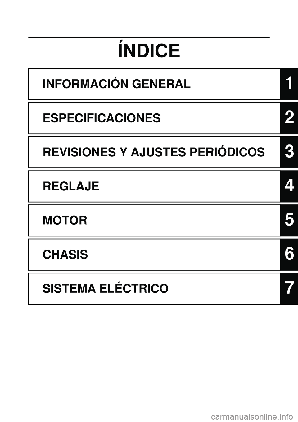 YAMAHA WR 250F 2010  Manuale de Empleo (in Spanish) ÍNDICE
INFORMACIÓN GENERAL1
ESPECIFICACIONES2
REVISIONES Y AJUSTES PERIÓDICOS3
REGLAJE4
MOTOR5
CHASIS6
SISTEMA ELÉCTRICO7 