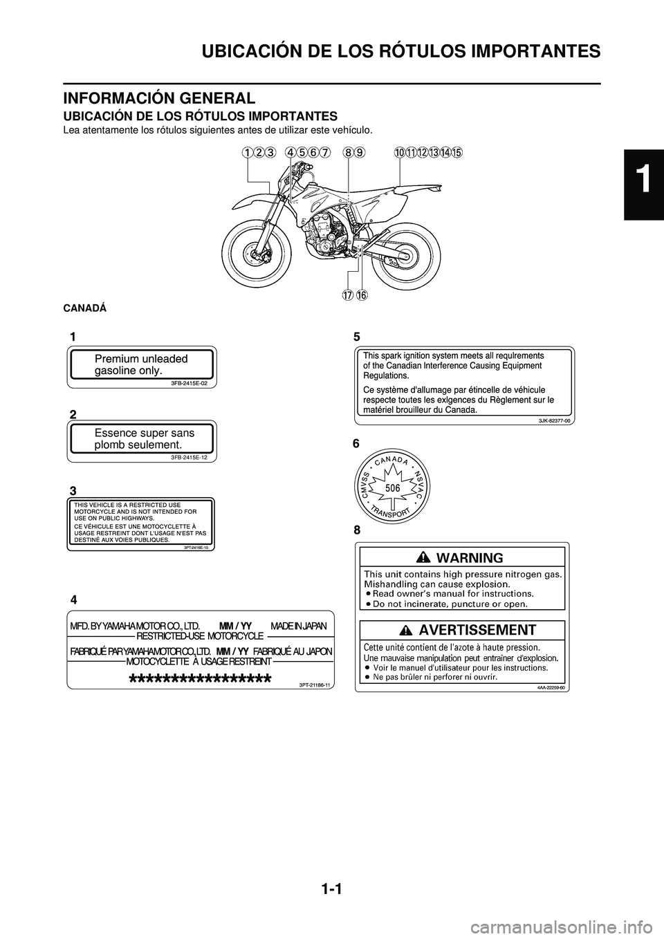 YAMAHA WR 250F 2010  Manuale de Empleo (in Spanish) 1-1
UBICACIÓN DE LOS RÓTULOS IMPORTANTES
INFORMACIÓN GENERAL
UBICACIÓN DE LOS RÓTULOS IMPORTANTES
Lea atentamente los rótulos siguientes antes de utilizar este vehículo.
CANADÁ
Essence super s