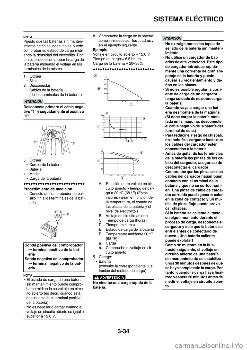 YAMAHA WR 250F 2010 Manuale de Empleo (in Spanish) 3-34
SISTEMA ELÉCTRICO
Puesto que las baterías sin manten-
imiento están selladas, no se puede
comprobar su estado de carga midi-
endo la densidad del electrólito. Por
tanto, se debe comprobar l YAMAHA WR 250F 2010 Manuale de Empleo (in Spanish) 3-34
SISTEMA ELÉCTRICO
Puesto que las baterías sin manten-
imiento están selladas, no se puede
comprobar su estado de carga midi-
endo la densidad del electrólito. Por
tanto, se debe comprobar l