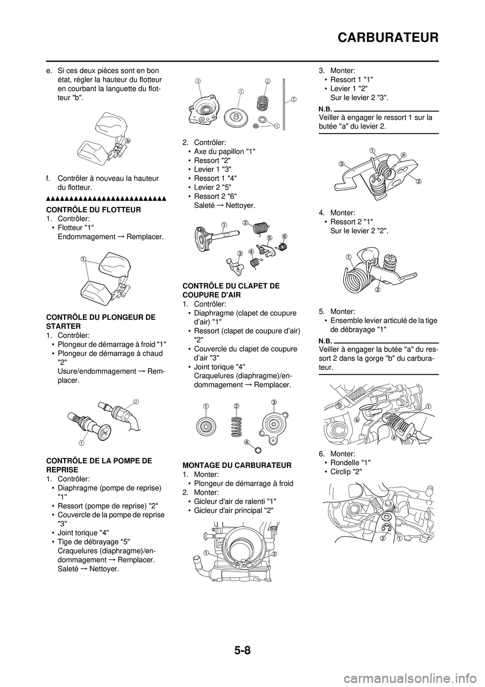 YAMAHA WR 250F 2010 Notices Demploi (in French) 5-8
CARBURATEUR
e. Si ces deux pièces sont en bon état, régler la hauteur du flotteur
en courbant la languette du flot-
teur "b".
f. Contrôler à nouveau la hauteur du flotteur.
CONTRÔLE DU FLO YAMAHA WR 250F 2010 Notices Demploi (in French) 5-8
CARBURATEUR
e. Si ces deux pièces sont en bon état, régler la hauteur du flotteur
en courbant la languette du flot-
teur "b".
f. Contrôler à nouveau la hauteur du flotteur.
CONTRÔLE DU FLO