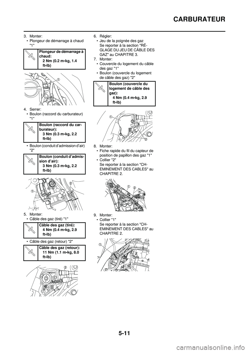 YAMAHA WR 250F 2010 Notices Demploi (in French) 5-11
CARBURATEUR
3. Monter:• Plongeur de démarrage à chaud "1"
4. Serrer: • Boulon (raccord du carburateur)
"1"
• Boulon (conduit d’admission d’air) "2"
5. Monter: • Câble des gaz (ti YAMAHA WR 250F 2010 Notices Demploi (in French) 5-11
CARBURATEUR
3. Monter:• Plongeur de démarrage à chaud "1"
4. Serrer: • Boulon (raccord du carburateur)
"1"
• Boulon (conduit d’admission d’air) "2"
5. Monter: • Câble des gaz (ti