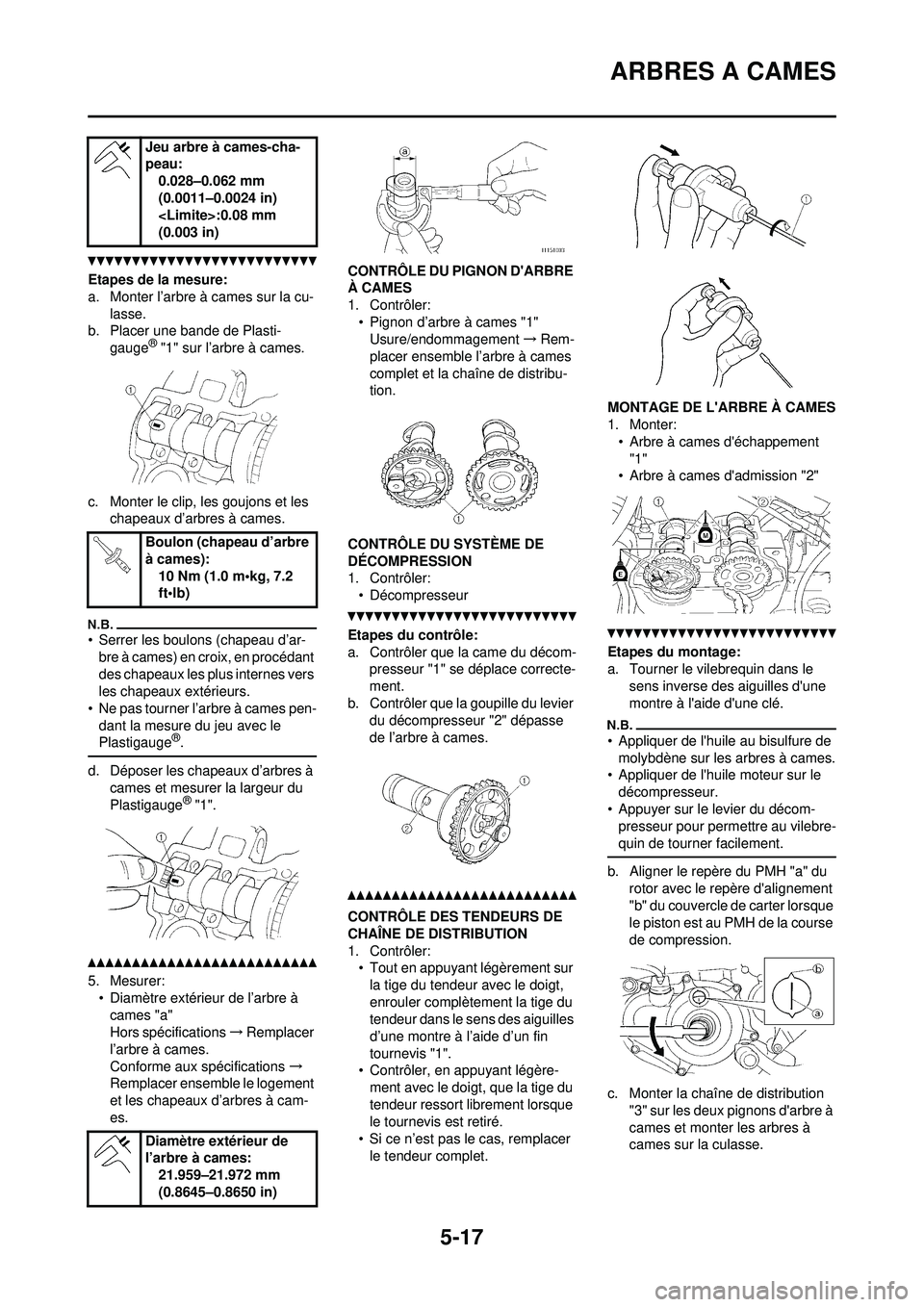 YAMAHA WR 250F 2010 Notices Demploi (in French) 5-17
ARBRES A CAMES
Etapes de la mesure:
a. Monter l’arbre à cames sur la cu-lasse.
b. Placer une bande de Plasti-
gauge
® "1" sur l’arbre à cames.
c. Monter le clip, les goujons et les chapea YAMAHA WR 250F 2010 Notices Demploi (in French) 5-17
ARBRES A CAMES
Etapes de la mesure:
a. Monter l’arbre à cames sur la cu-lasse.
b. Placer une bande de Plasti-
gauge
® "1" sur l’arbre à cames.
c. Monter le clip, les goujons et les chapea