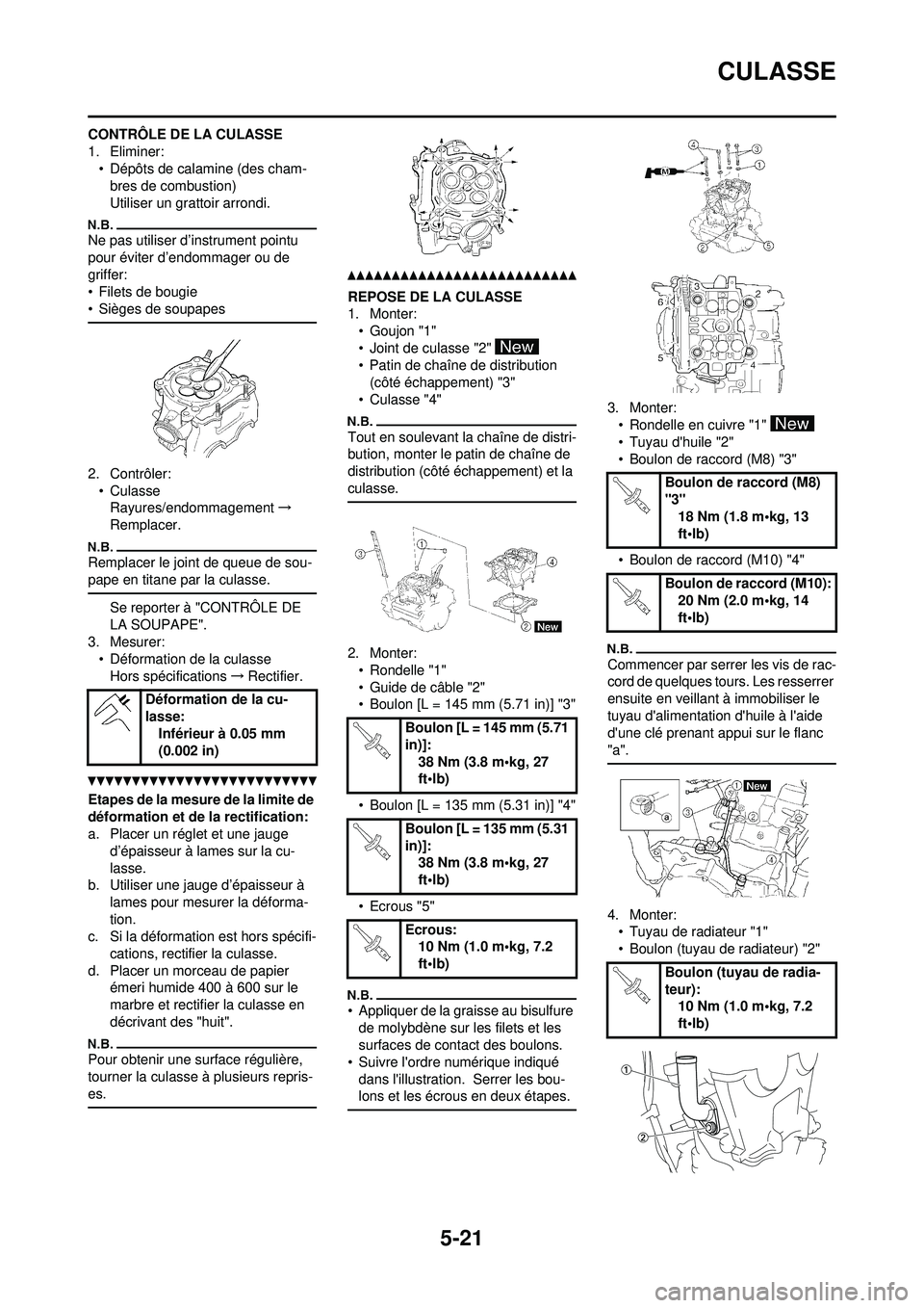 YAMAHA WR 250F 2010 Notices Demploi (in French) 5-21
CULASSE
CONTRÔLE DE LA CULASSE
1. Eliminer:• Dépôts de calamine (des cham-bres de combustion)
Utiliser un grattoir arrondi.
Ne pas utiliser d’instrument pointu
pour éviter d’endommager YAMAHA WR 250F 2010 Notices Demploi (in French) 5-21
CULASSE
CONTRÔLE DE LA CULASSE
1. Eliminer:• Dépôts de calamine (des cham-bres de combustion)
Utiliser un grattoir arrondi.
Ne pas utiliser d’instrument pointu
pour éviter d’endommager
