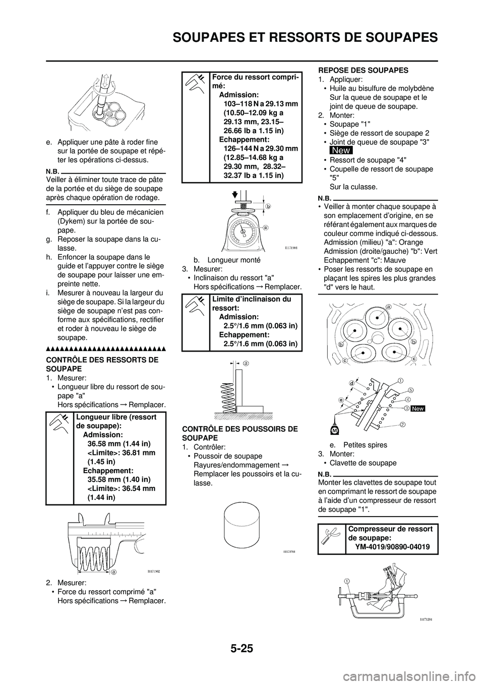 YAMAHA WR 250F 2010 Notices Demploi (in French) 5-25
SOUPAPES ET RESSORTS DE SOUPAPES
e. Appliquer une pâte à roder fine sur la portée de soupape et répé-
ter les opérations ci-dessus.
Veiller à éliminer toute trace de pâte
de la portée YAMAHA WR 250F 2010 Notices Demploi (in French) 5-25
SOUPAPES ET RESSORTS DE SOUPAPES
e. Appliquer une pâte à roder fine sur la portée de soupape et répé-
ter les opérations ci-dessus.
Veiller à éliminer toute trace de pâte
de la portée