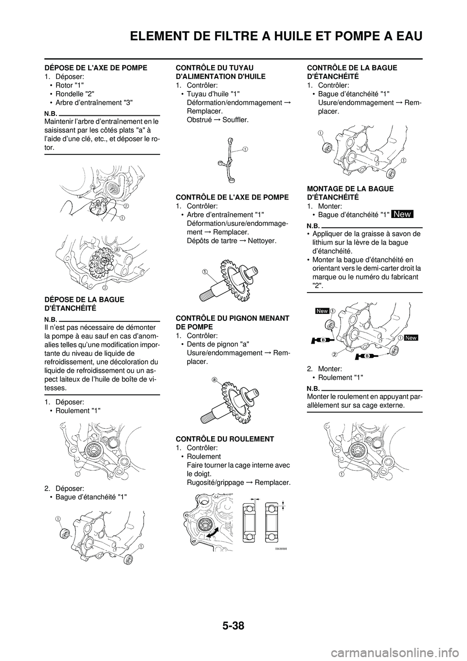 YAMAHA WR 250F 2010 Notices Demploi (in French) 5-38
ELEMENT DE FILTRE A HUILE ET POMPE A EAU
DÉPOSE DE LAXE DE POMPE
1. Déposer:• Rotor "1"
• Rondelle "2"
• Arbre d’entraînement "3"
Maintenir l’arbre d’entraînement en le
saisissa YAMAHA WR 250F 2010 Notices Demploi (in French) 5-38
ELEMENT DE FILTRE A HUILE ET POMPE A EAU
DÉPOSE DE LAXE DE POMPE
1. Déposer:• Rotor "1"
• Rondelle "2"
• Arbre d’entraînement "3"
Maintenir l’arbre d’entraînement en le
saisissa