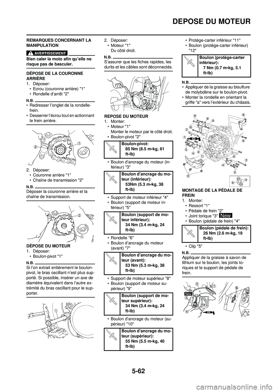 YAMAHA WR 250F 2010 Notices Demploi (in French) 5-62
DEPOSE DU MOTEUR
REMARQUES CONCERNANT LA
MANIPULATION
Bien caler la moto afin qu’elle ne
risque pas de basculer.
DÉPOSE DE LA COURONNE
ARRIÈRE
1. Déposer:• Ecrou (couronne arrière) "1" YAMAHA WR 250F 2010 Notices Demploi (in French) 5-62
DEPOSE DU MOTEUR
REMARQUES CONCERNANT LA
MANIPULATION
Bien caler la moto afin qu’elle ne
risque pas de basculer.
DÉPOSE DE LA COURONNE
ARRIÈRE
1. Déposer:• Ecrou (couronne arrière) "1"