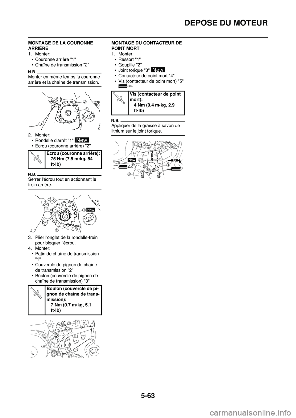 YAMAHA WR 250F 2010 Notices Demploi (in French) 5-63
DEPOSE DU MOTEUR
MONTAGE DE LA COURONNE
ARRIÈRE
1. Monter:• Couronne arrière "1"
• Chaîne de transmission "2"
Monter en même temps la couronne
arrière et la chaîne de transmission.
2. YAMAHA WR 250F 2010 Notices Demploi (in French) 5-63
DEPOSE DU MOTEUR
MONTAGE DE LA COURONNE
ARRIÈRE
1. Monter:• Couronne arrière "1"
• Chaîne de transmission "2"
Monter en même temps la couronne
arrière et la chaîne de transmission.
2.
