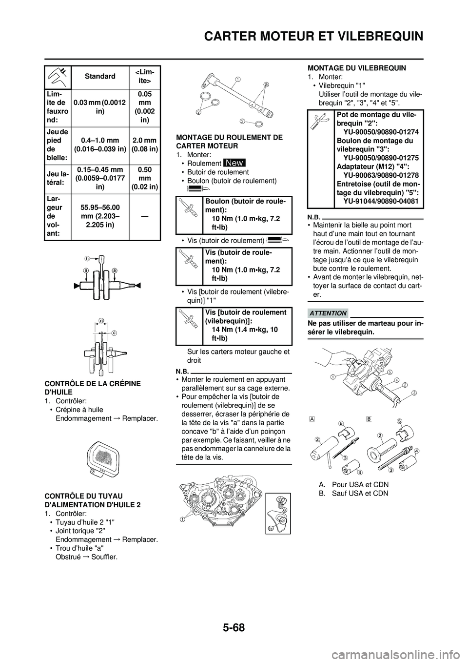 YAMAHA WR 250F 2010 Notices Demploi (in French) 5-68
CARTER MOTEUR ET VILEBREQUIN
CONTRÔLE DE LA CRÉPINE
DHUILE
1. Contrôler:• Crépine à huileEndommagement →Remplacer.
CONTRÔLE DU TUYAU
DALIMENTATION DHUILE 2
1. Contrôler: • Tuyau YAMAHA WR 250F 2010 Notices Demploi (in French) 5-68
CARTER MOTEUR ET VILEBREQUIN
CONTRÔLE DE LA CRÉPINE
DHUILE
1. Contrôler:• Crépine à huileEndommagement →Remplacer.
CONTRÔLE DU TUYAU
DALIMENTATION DHUILE 2
1. Contrôler: • Tuyau