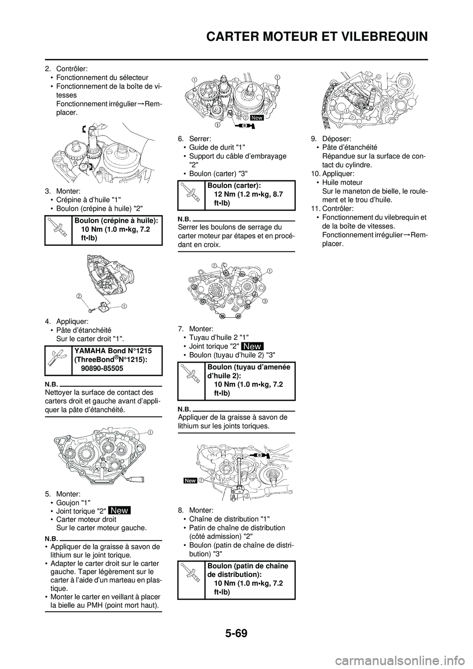 YAMAHA WR 250F 2010 Notices Demploi (in French) 5-69
CARTER MOTEUR ET VILEBREQUIN
2. Contrôler:• Fonctionnement du sélecteur
• Fonctionnement de la boîte de vi-tesses
Fonctionnement irrégulier →Rem-
placer.
3. Monter: • Crépine à d’ YAMAHA WR 250F 2010 Notices Demploi (in French) 5-69
CARTER MOTEUR ET VILEBREQUIN
2. Contrôler:• Fonctionnement du sélecteur
• Fonctionnement de la boîte de vi-tesses
Fonctionnement irrégulier →Rem-
placer.
3. Monter: • Crépine à d’