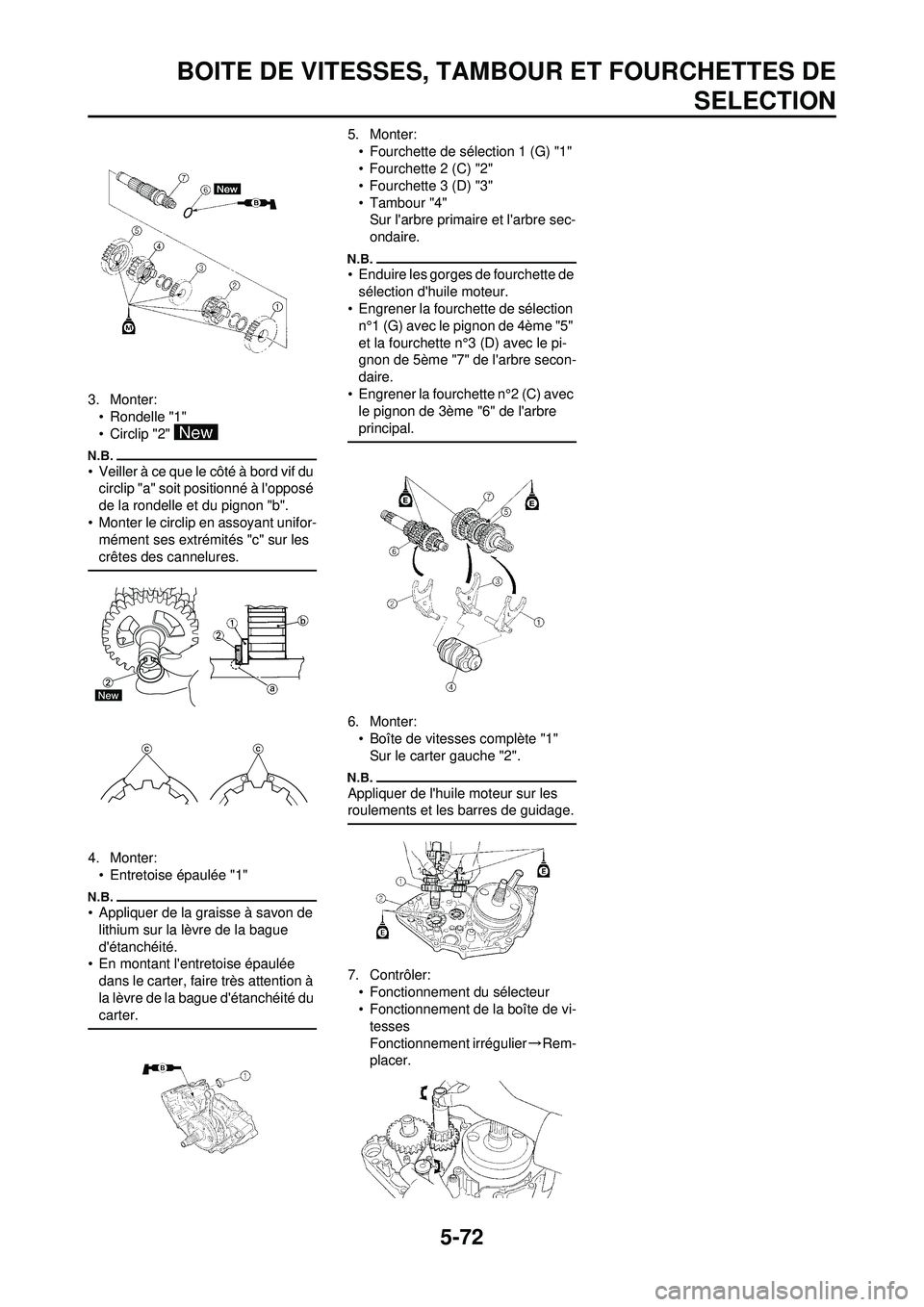 YAMAHA WR 250F 2010 Notices Demploi (in French) 5-72
BOITE DE VITESSES, TAMBOUR ET FOURCHETTES DESELECTION
3. Monter:
• Rondelle "1"
• Circlip "2"
• Veiller à ce que le côté à bord vif du circlip "a" soit positionné à lopposé
de la YAMAHA WR 250F 2010 Notices Demploi (in French) 5-72
BOITE DE VITESSES, TAMBOUR ET FOURCHETTES DESELECTION
3. Monter:
• Rondelle "1"
• Circlip "2"
• Veiller à ce que le côté à bord vif du circlip "a" soit positionné à lopposé
de la