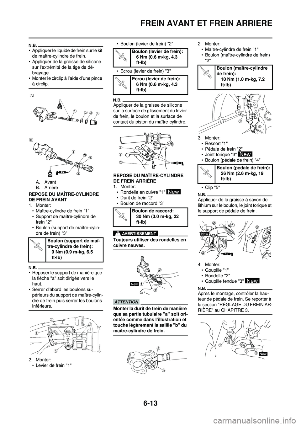 YAMAHA WR 250F 2010 Notices Demploi (in French) 6-13
FREIN AVANT ET FREIN ARRIERE
• Appliquer le liquide de frein sur le kit de maître-cylindre de frein.
• Appliquer de la graisse de silicone
sur lextrémité de la tige de dé-
brayage.
• YAMAHA WR 250F 2010 Notices Demploi (in French) 6-13
FREIN AVANT ET FREIN ARRIERE
• Appliquer le liquide de frein sur le kit de maître-cylindre de frein.
• Appliquer de la graisse de silicone
sur lextrémité de la tige de dé-
brayage.
•