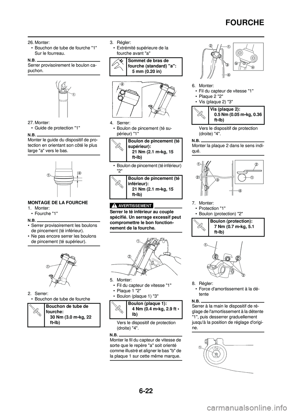 YAMAHA WR 250F 2010 Notices Demploi (in French) 6-22
FOURCHE
26. Monter:• Bouchon de tube de fourche "1"Sur le fourreau.
Serrer provisoirement le boulon ca-
puchon.
27. Monter:• Guide de protection "1"
Monter le guide du dispositif de pro-
tec YAMAHA WR 250F 2010 Notices Demploi (in French) 6-22
FOURCHE
26. Monter:• Bouchon de tube de fourche "1"Sur le fourreau.
Serrer provisoirement le boulon ca-
puchon.
27. Monter:• Guide de protection "1"
Monter le guide du dispositif de pro-
tec