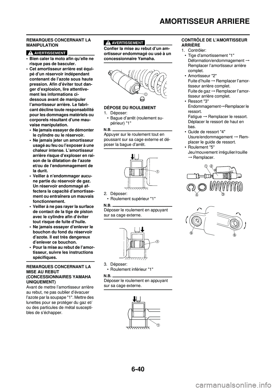 YAMAHA WR 250F 2010 Notices Demploi (in French) 6-40
AMORTISSEUR ARRIERE
REMARQUES CONCERNANT LA
MANIPULATION
• Bien caler la moto afin qu’elle ne risque pas de basculer.
• Cet amortisseur arrière est équi- pé d’un réservoir indépenda YAMAHA WR 250F 2010 Notices Demploi (in French) 6-40
AMORTISSEUR ARRIERE
REMARQUES CONCERNANT LA
MANIPULATION
• Bien caler la moto afin qu’elle ne risque pas de basculer.
• Cet amortisseur arrière est équi- pé d’un réservoir indépenda