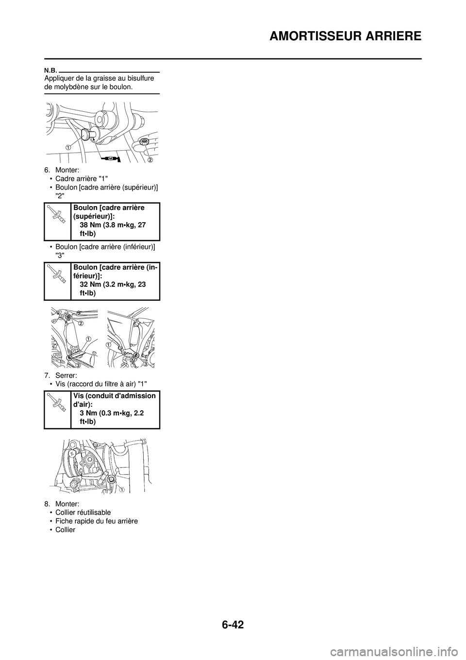 YAMAHA WR 250F 2010  Notices Demploi (in French) 6-42
AMORTISSEUR ARRIERE
Appliquer de la graisse au bisulfure 
de molybdène sur le boulon.
6. Monter:• Cadre arrière "1"
• Boulon [cadre arrière (supérieur)] 
"2"
• Boulon [cadre arrière (i