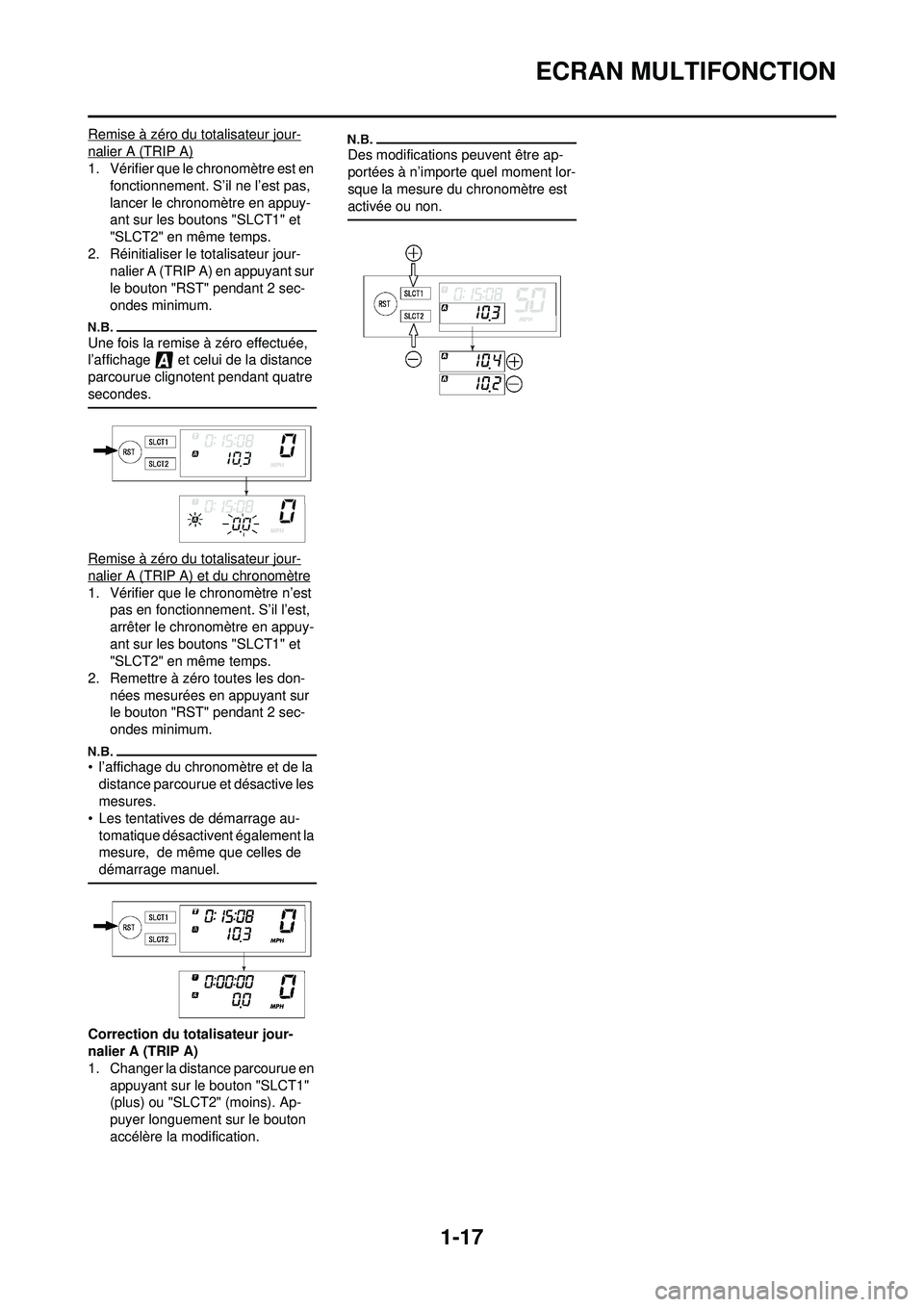 YAMAHA WR 250F 2010 Notices Demploi (in French) 1-17
ECRAN MULTIFONCTION
Remise à zéro du totalisateur jour-
nalier A (TRIP A)
1. Vérifier que le chronomètre est en fonctionnement. S’il ne l’est pas,
lancer le chronomètre en appuy-
ant su YAMAHA WR 250F 2010 Notices Demploi (in French) 1-17
ECRAN MULTIFONCTION
Remise à zéro du totalisateur jour-
nalier A (TRIP A)
1. Vérifier que le chronomètre est en fonctionnement. S’il ne l’est pas,
lancer le chronomètre en appuy-
ant su