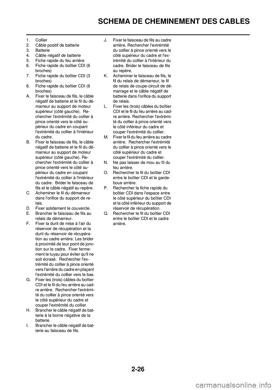 YAMAHA WR 250F 2010 Notices Demploi (in French) 2-26
SCHEMA DE CHEMINEMENT DES CABLES
1. Collier
2. Câble positif de batterie
3. Batterie
4. Câble négatif de batterie
5. Fiche rapide du feu arrière
6. Fiche rapide du boîtier CDI (6 broches)
7. YAMAHA WR 250F 2010 Notices Demploi (in French) 2-26
SCHEMA DE CHEMINEMENT DES CABLES
1. Collier
2. Câble positif de batterie
3. Batterie
4. Câble négatif de batterie
5. Fiche rapide du feu arrière
6. Fiche rapide du boîtier CDI (6 broches)
7.