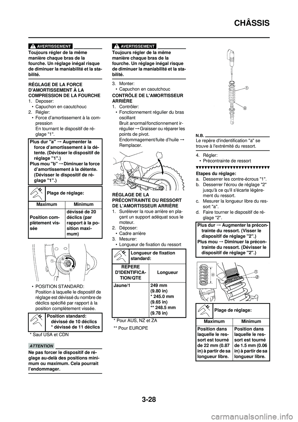 YAMAHA WR 250F 2010 Notices Demploi (in French) 3-28
CHÂSSIS
Toujours régler de la même
manière chaque bras de la
fourche. Un réglage inégal risque
de diminuer la maniabilité et la sta-
bilité.
RÉGLAGE DE LA FORCE
DAMORTISSEMENT À LA YAMAHA WR 250F 2010 Notices Demploi (in French) 3-28
CHÂSSIS
Toujours régler de la même
manière chaque bras de la
fourche. Un réglage inégal risque
de diminuer la maniabilité et la sta-
bilité.
RÉGLAGE DE LA FORCE
DAMORTISSEMENT À LA
