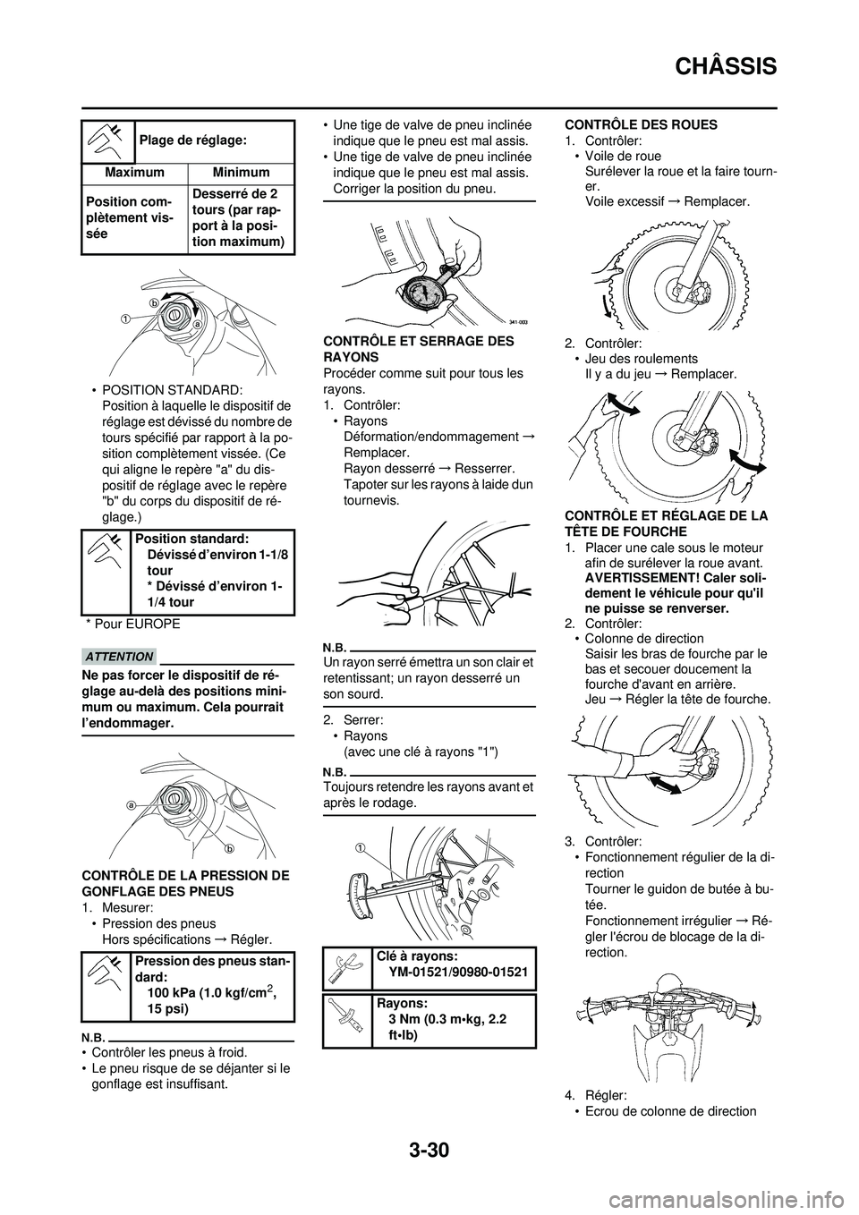 YAMAHA WR 250F 2010 Notices Demploi (in French) 3-30
CHÂSSIS
• POSITION STANDARD:Position à laquelle le dispositif de
réglage est dévissé du nombre de
tours spécifié par rapport à la po-
sition complètement vissée. (Ce
qui aligne le YAMAHA WR 250F 2010 Notices Demploi (in French) 3-30
CHÂSSIS
• POSITION STANDARD:Position à laquelle le dispositif de
réglage est dévissé du nombre de
tours spécifié par rapport à la po-
sition complètement vissée. (Ce
qui aligne le