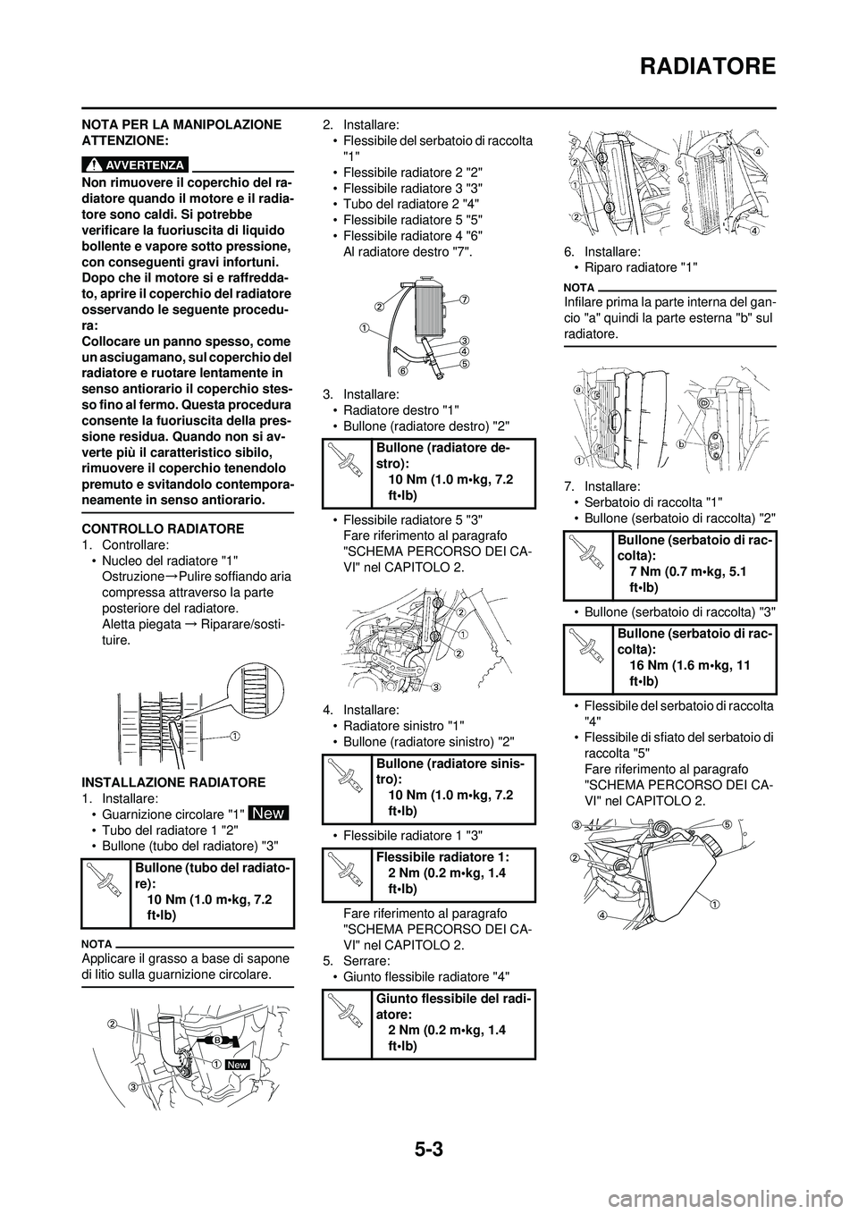 YAMAHA WR 250F 2010 Manuale duso (in Italian) 5-3
RADIATORE
NOTA PER LA MANIPOLAZIONE
ATTENZIONE:
Non rimuovere il coperchio del ra-
diatore quando il motore e il radia-
tore sono caldi. Si potrebbe
verificare la fuoriuscita di liquido
bollent YAMAHA WR 250F 2010 Manuale duso (in Italian) 5-3
RADIATORE
NOTA PER LA MANIPOLAZIONE
ATTENZIONE:
Non rimuovere il coperchio del ra-
diatore quando il motore e il radia-
tore sono caldi. Si potrebbe
verificare la fuoriuscita di liquido
bollent