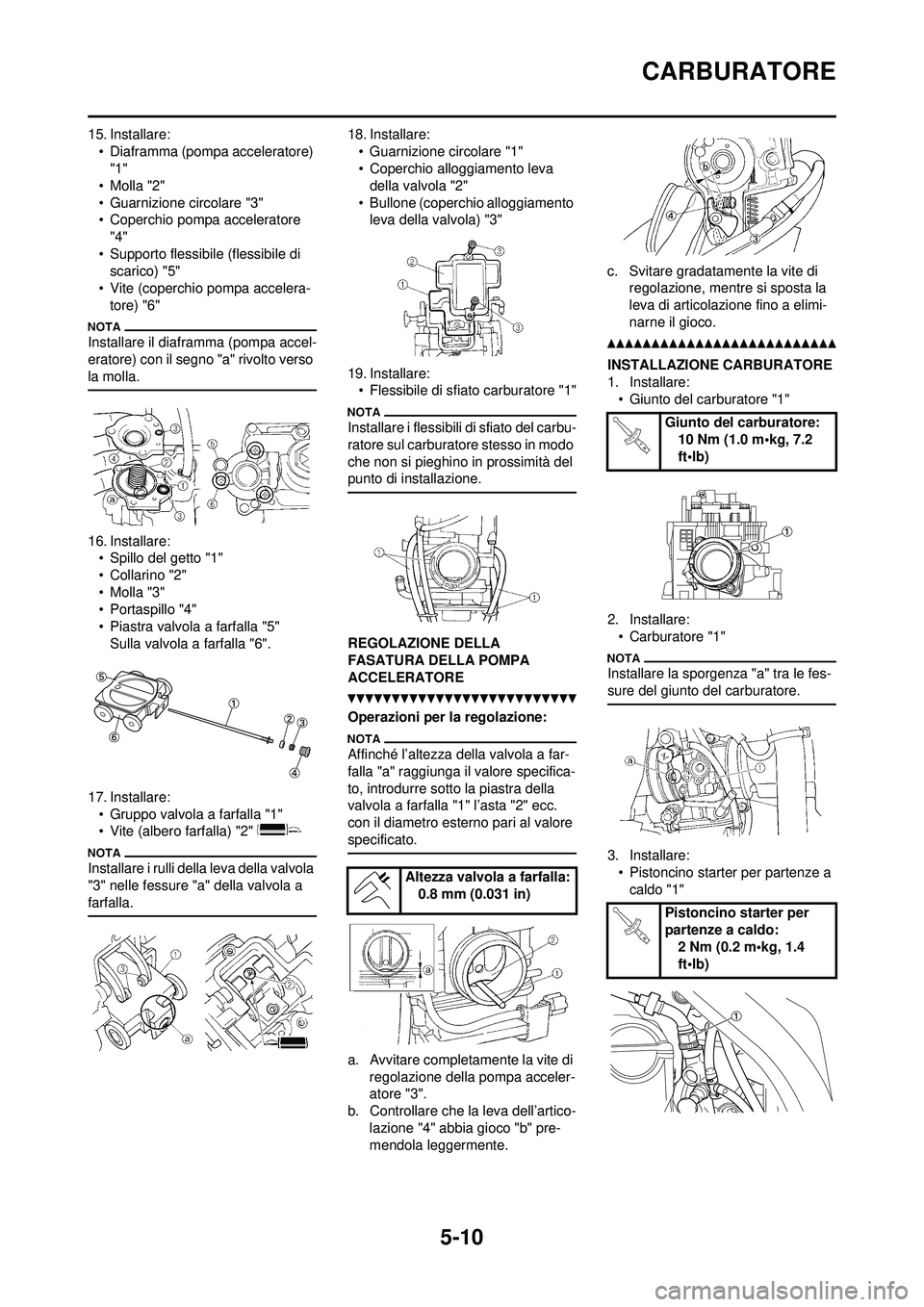 YAMAHA WR 250F 2010 Manuale duso (in Italian) 5-10
CARBURATORE
15. Installare:• Diaframma (pompa acceleratore) "1"
•Molla "2"
• Guarnizione circolare "3"
• Coperchio pompa acceleratore "4"
• Supporto flessibile (flessibile di scarico) YAMAHA WR 250F 2010 Manuale duso (in Italian) 5-10
CARBURATORE
15. Installare:• Diaframma (pompa acceleratore) "1"
•Molla "2"
• Guarnizione circolare "3"
• Coperchio pompa acceleratore "4"
• Supporto flessibile (flessibile di scarico)