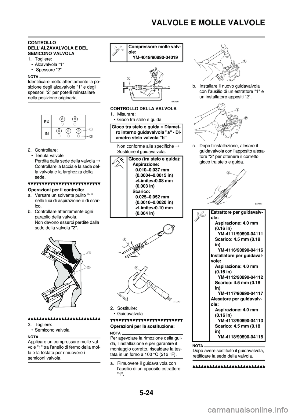 YAMAHA WR 250F 2010  Manuale duso (in Italian) 5-24
VALVOLE E MOLLE VALVOLE
CONTROLLO 
DELL’ALZAVALVOLA E DEL 
SEMICONO VALVOLA
1. Togliere:• Alzavalvola "1"
•  Spessore "2"
Identificare molto at tentamente la po-
sizione degli alzavalvole "