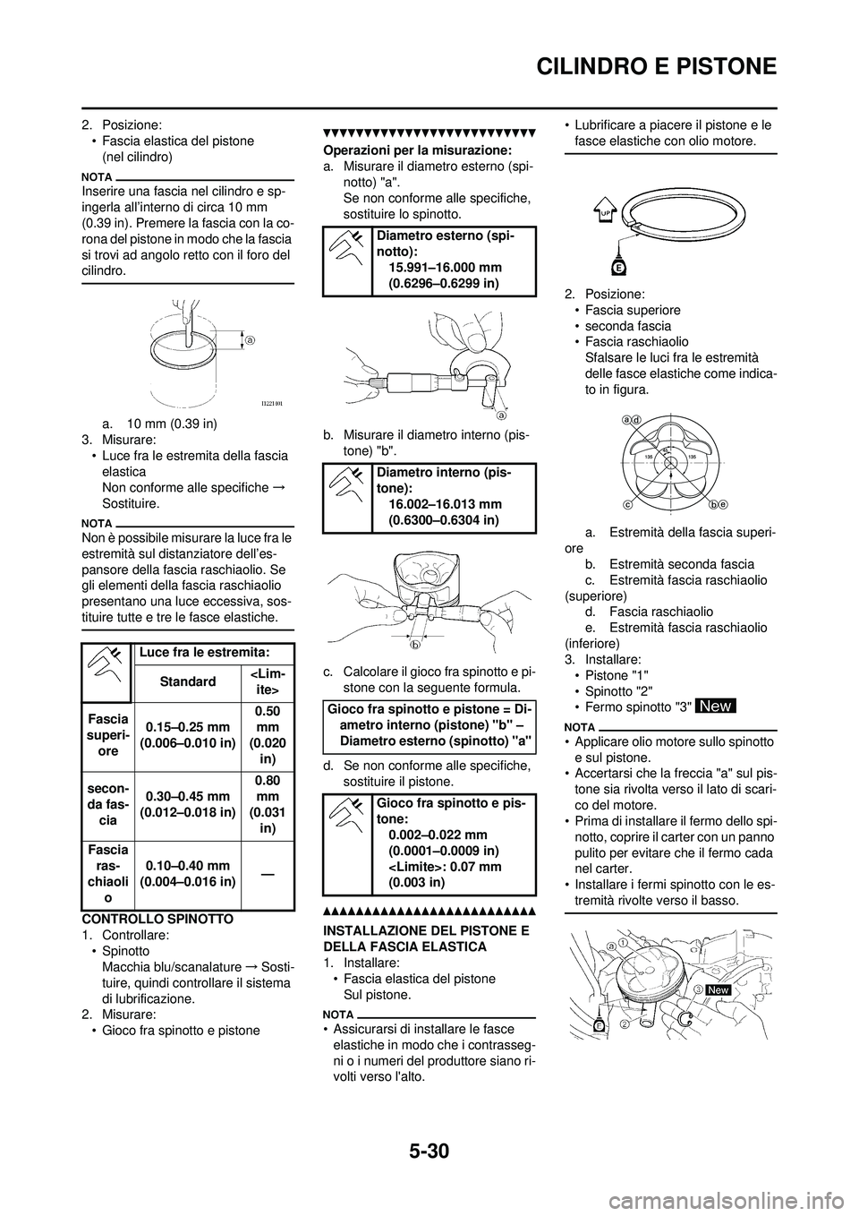YAMAHA WR 250F 2010  Manuale duso (in Italian) 5-30
CILINDRO E PISTONE
2. Posizione:• Fascia elastica del pistone(nel cilindro)
Inserire una fascia nel cilindro e sp-
ingerla all’interno di circa 10 mm 
(0.39 in). Premere la fascia con la co-
