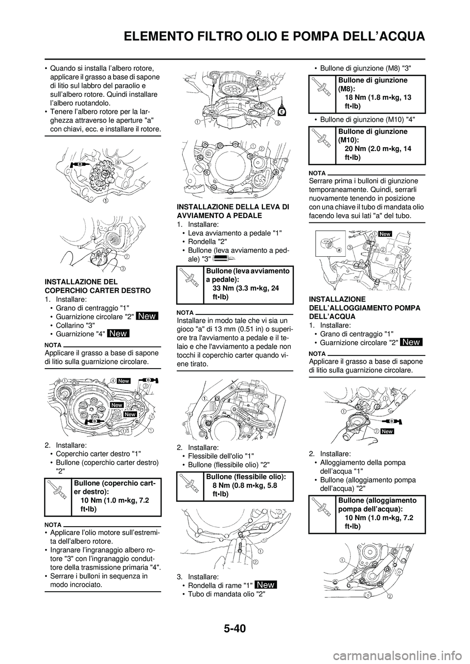 YAMAHA WR 250F 2010 Manuale duso (in Italian) 5-40
ELEMENTO FILTRO OLIO E POMPA DELL’ACQUA
• Quando si installa l’albero rotore, applicare il grasso a base di sapone
di litio sul labbro del paraolio e
sull’albero rotore. Quindi installa YAMAHA WR 250F 2010 Manuale duso (in Italian) 5-40
ELEMENTO FILTRO OLIO E POMPA DELL’ACQUA
• Quando si installa l’albero rotore, applicare il grasso a base di sapone
di litio sul labbro del paraolio e
sull’albero rotore. Quindi installa