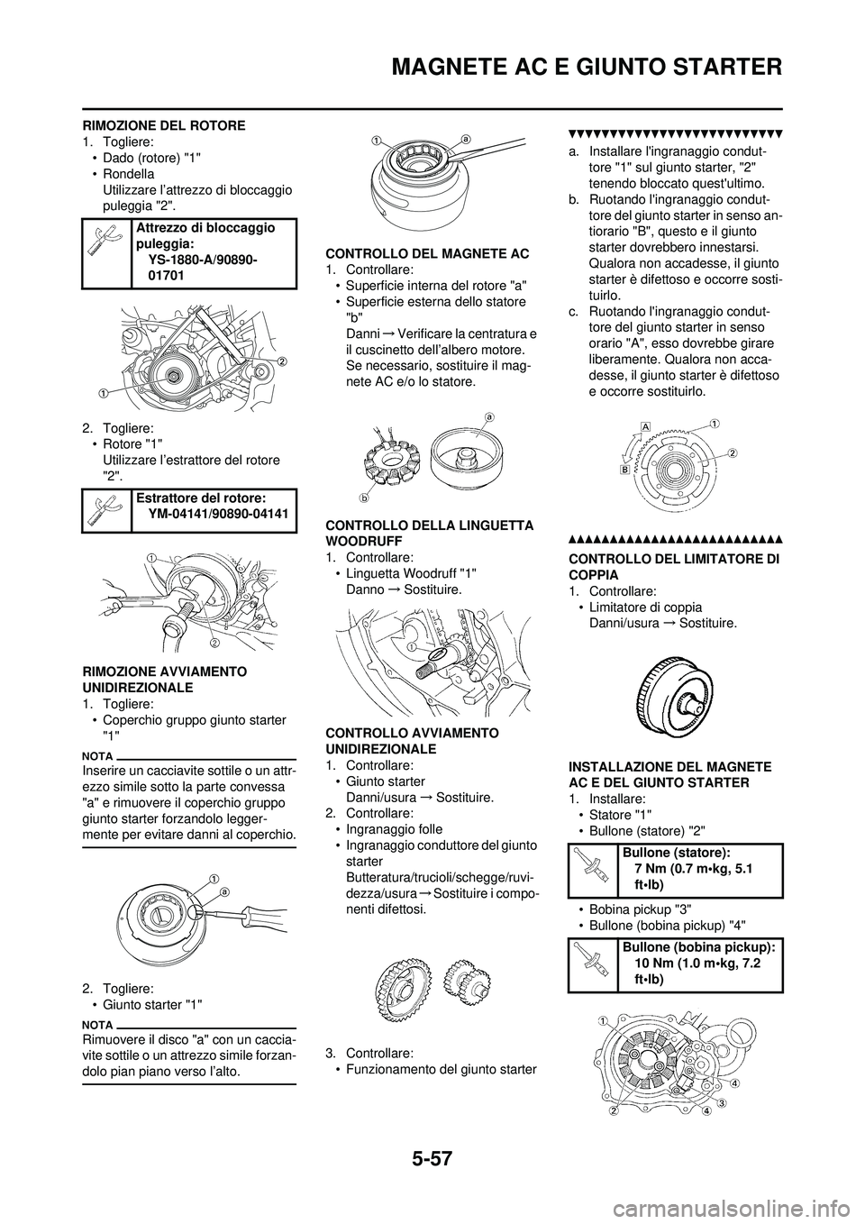 YAMAHA WR 250F 2010  Manuale duso (in Italian) 5-57
MAGNETE AC E GIUNTO STARTER
RIMOZIONE DEL ROTORE
1. Togliere:• Dado (rotore) "1"
• Rondella
Utilizzare l’attrezzo di bloccaggio 
puleggia "2".
2. Togliere: • Rotore "1"
Utilizzare l’est
