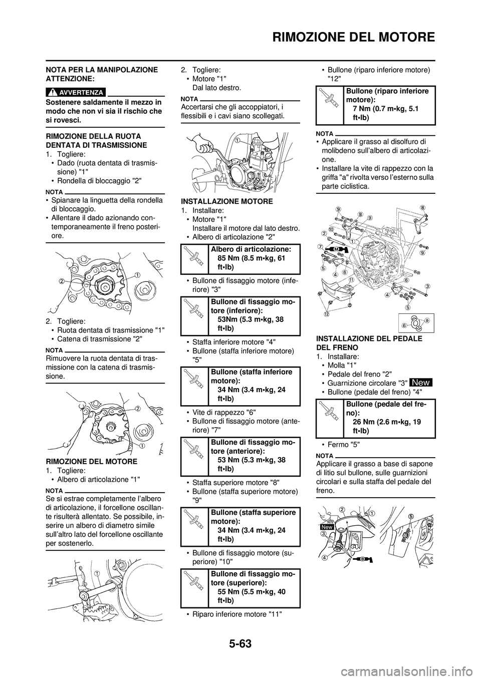 YAMAHA WR 250F 2010  Manuale duso (in Italian) 5-63
RIMOZIONE DEL MOTORE
NOTA PER LA MANIPOLAZIONE 
ATTENZIONE:
Sostenere saldamente il mezzo in 
modo che non vi sia il rischio che 
si rovesci.
RIMOZIONE DELLA RUOTA 
DENTATA DI TRASMISSIONE
1. Tog
