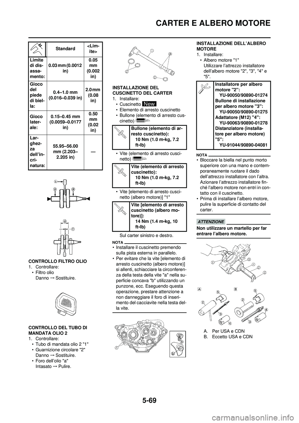 YAMAHA WR 250F 2010  Manuale duso (in Italian) 5-69
CARTER E ALBERO MOTORE
CONTROLLO FILTRO OLIO
1. Controllare:• Filtro olio
Danno →Sostituire.
CONTROLLO DEL TUBO DI 
MANDATA OLIO 2
1. Controllare: • Tubo di mandata olio 2 "1"
• Guarnizio