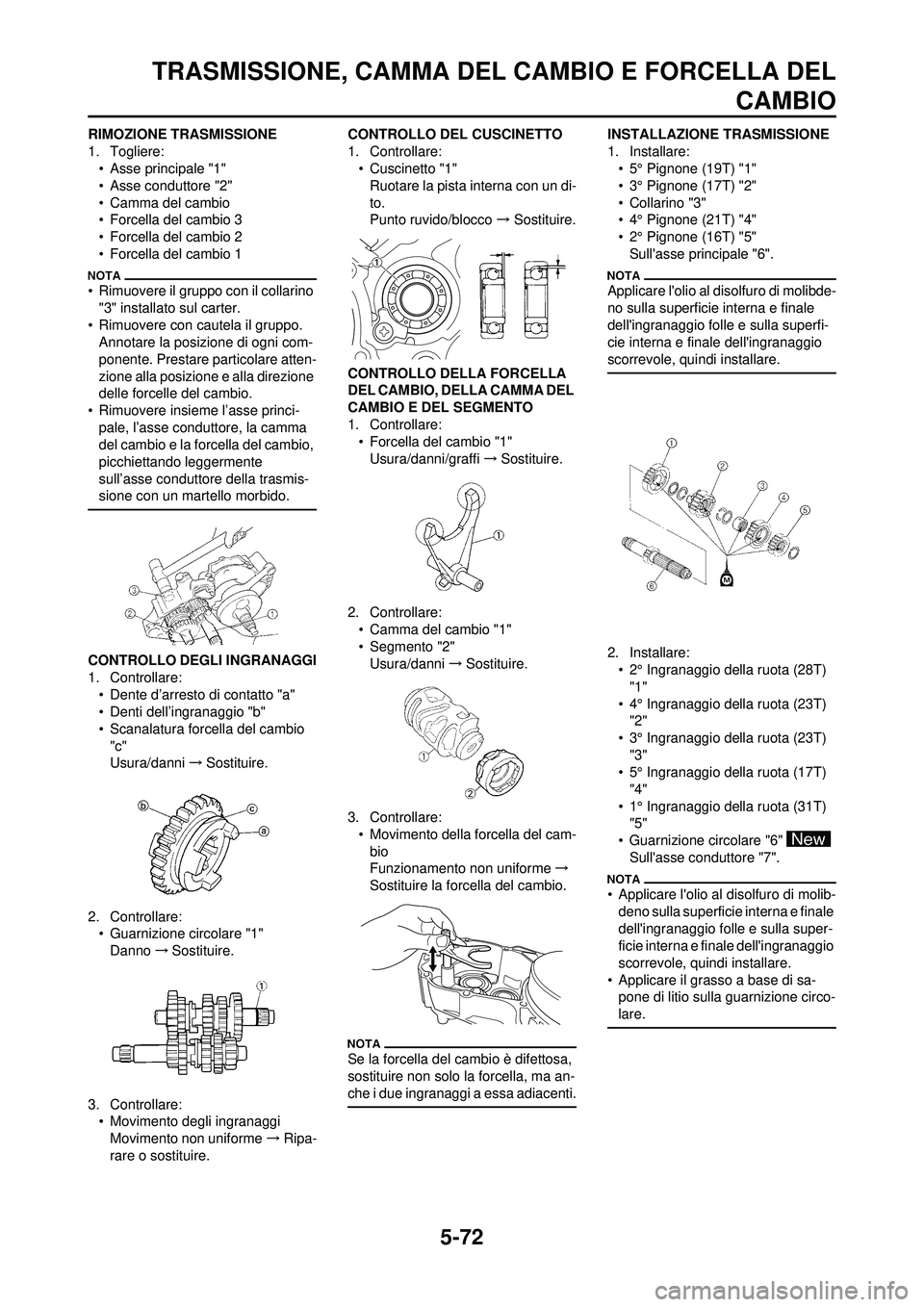 YAMAHA WR 250F 2010 Manuale duso (in Italian) 5-72
TRASMISSIONE, CAMMA DEL CAMBIO E FORCELLA DELCAMBIO
RIMOZIONE TRASMISSIONE
1. Togliere:
• Asse principale "1"
• Asse conduttore "2"
• Camma del cambio
• Forcella del cambio 3
• Forcella YAMAHA WR 250F 2010 Manuale duso (in Italian) 5-72
TRASMISSIONE, CAMMA DEL CAMBIO E FORCELLA DELCAMBIO
RIMOZIONE TRASMISSIONE
1. Togliere:
• Asse principale "1"
• Asse conduttore "2"
• Camma del cambio
• Forcella del cambio 3
• Forcella